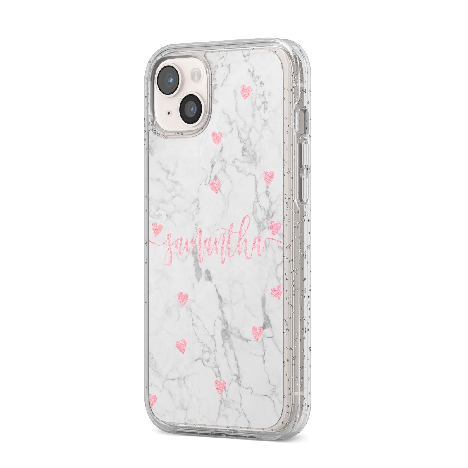 Glitter Hearts Marble Personalised Name iPhone 14 Plus Glitter Tough Case Starlight Angled Image