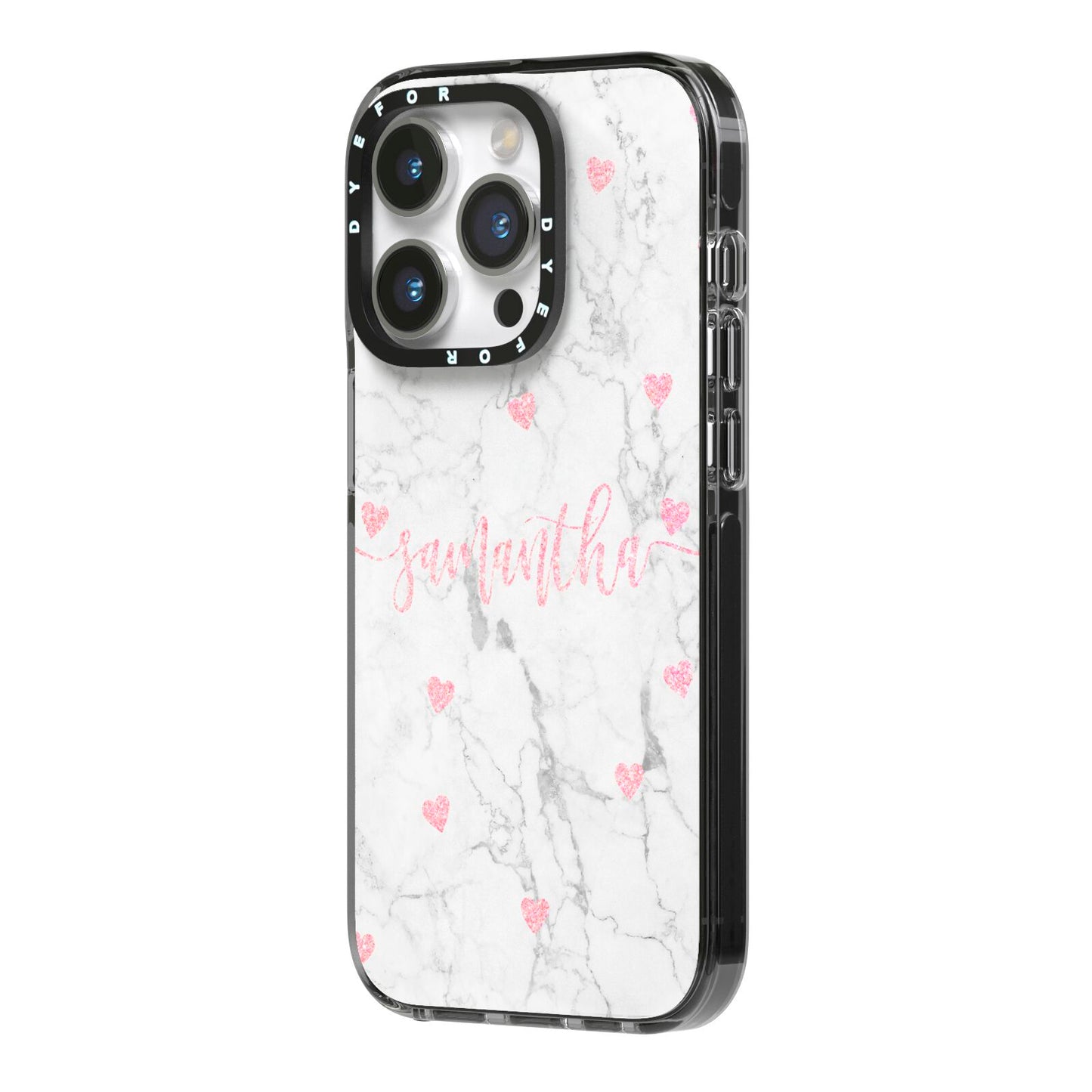 Glitter Hearts Marble Personalised Name iPhone 14 Pro Black Impact Case Side Angle on Silver phone