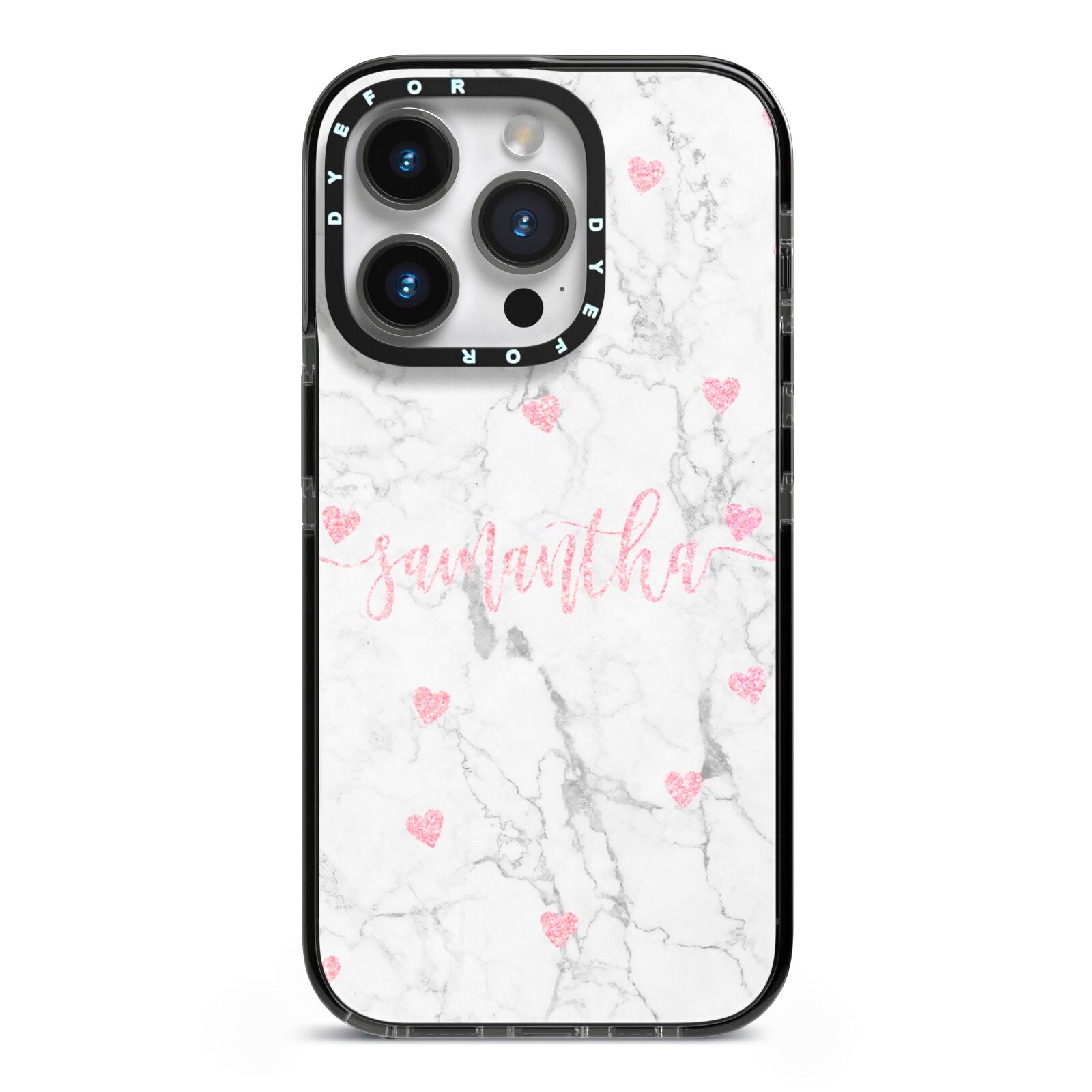 Glitter Hearts Marble Personalised Name iPhone 14 Pro Black Impact Case on Silver phone