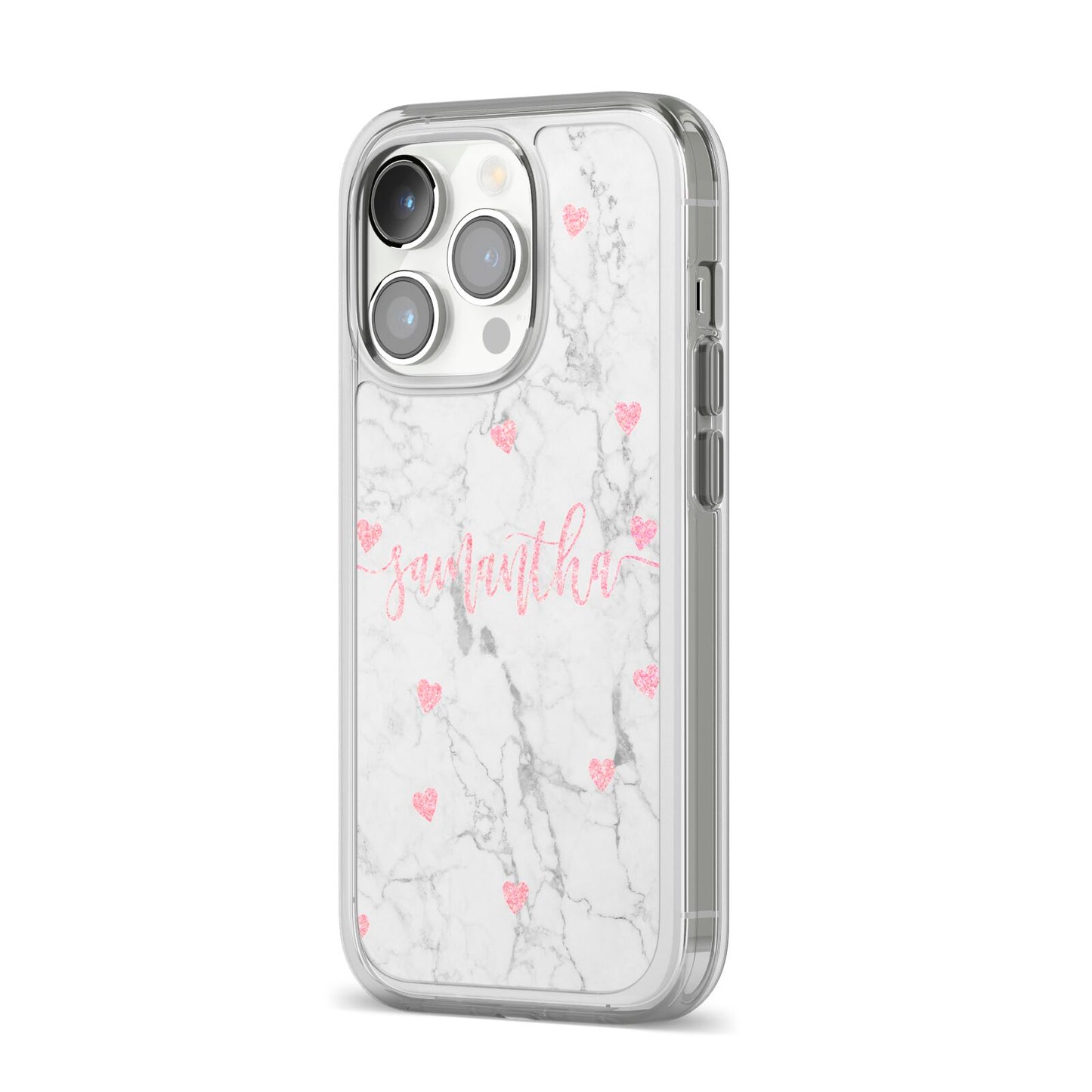 Glitter Hearts Marble Personalised Name iPhone 14 Pro Clear Tough Case Silver Angled Image