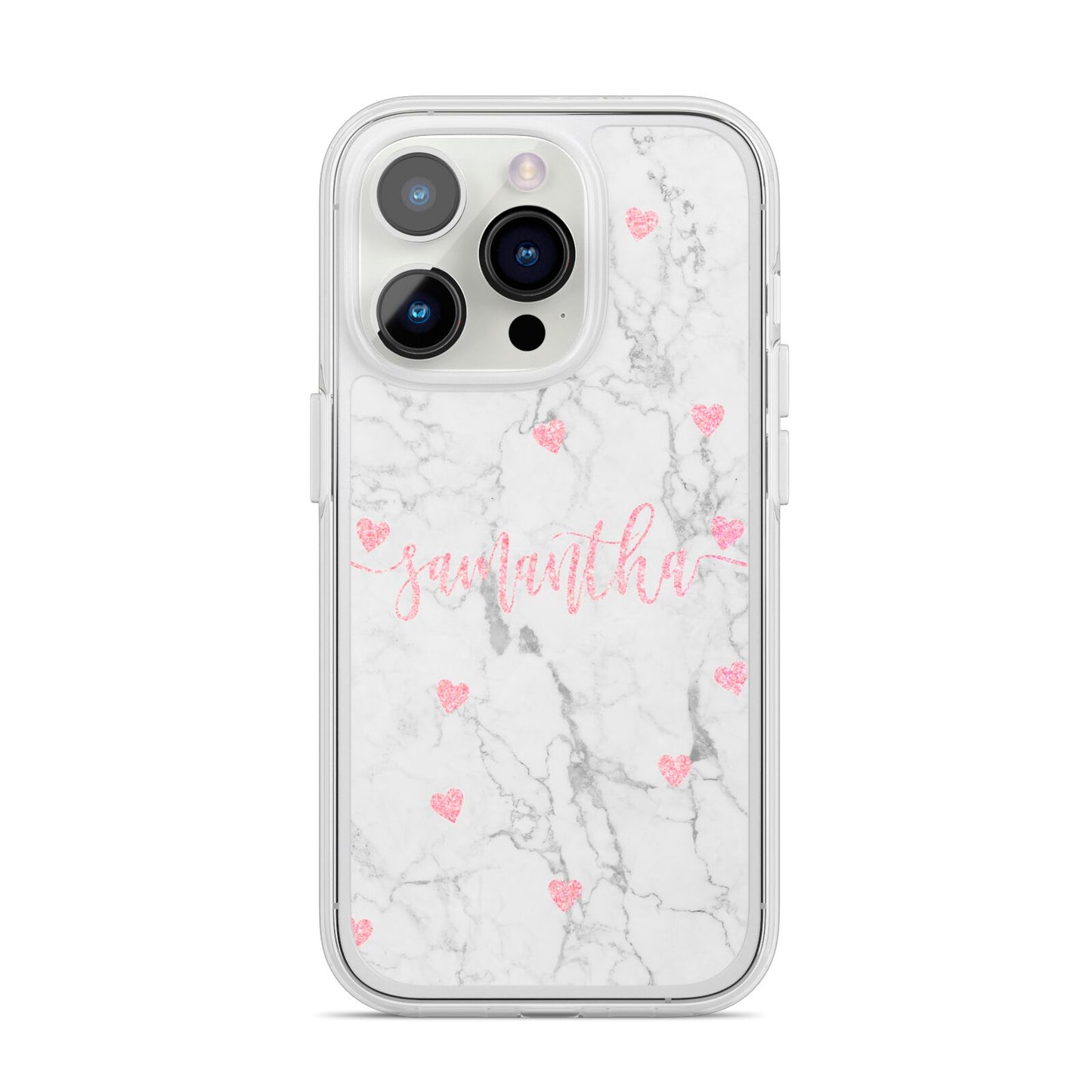 Glitter Hearts Marble Personalised Name iPhone 14 Pro Clear Tough Case Silver