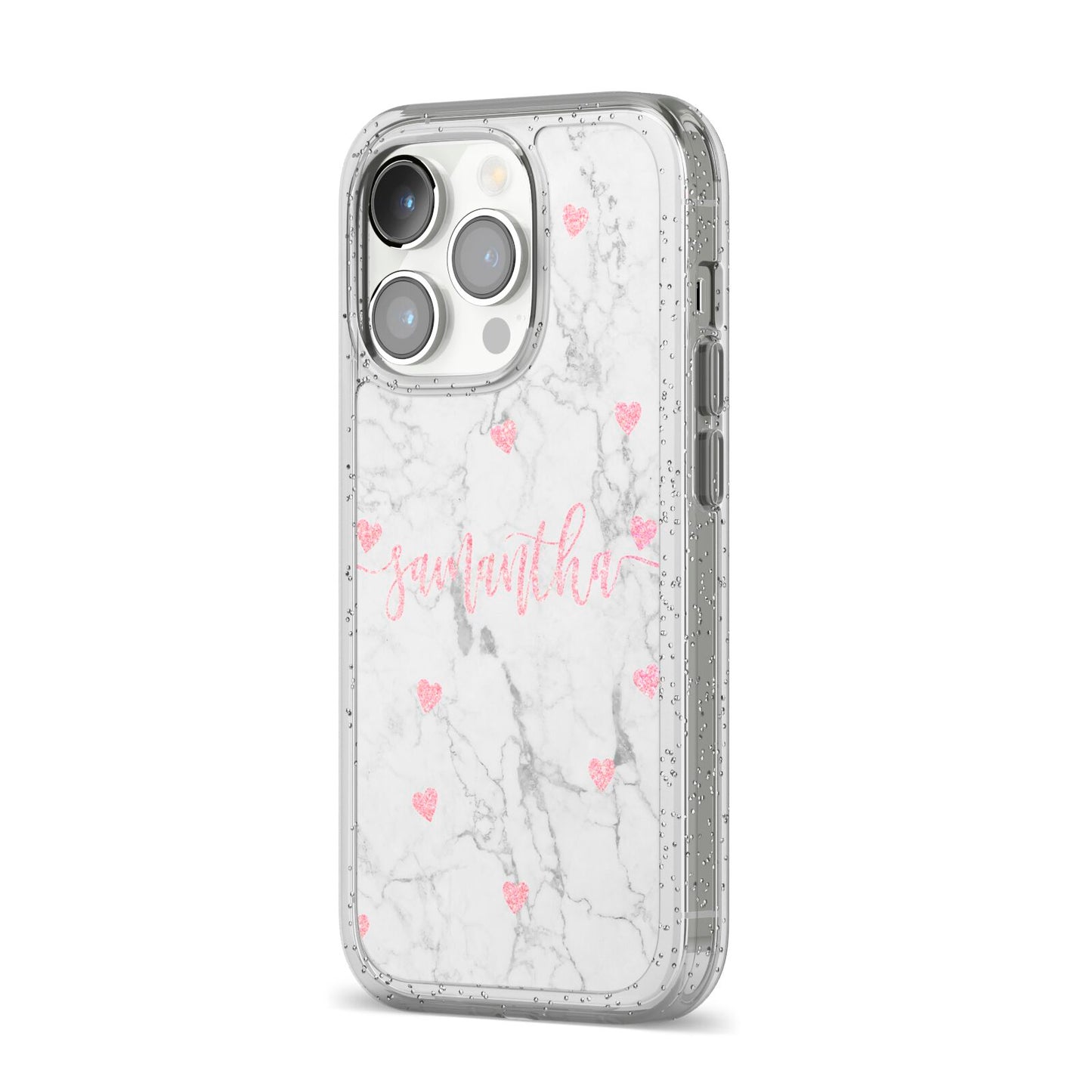 Glitter Hearts Marble Personalised Name iPhone 14 Pro Glitter Tough Case Silver Angled Image