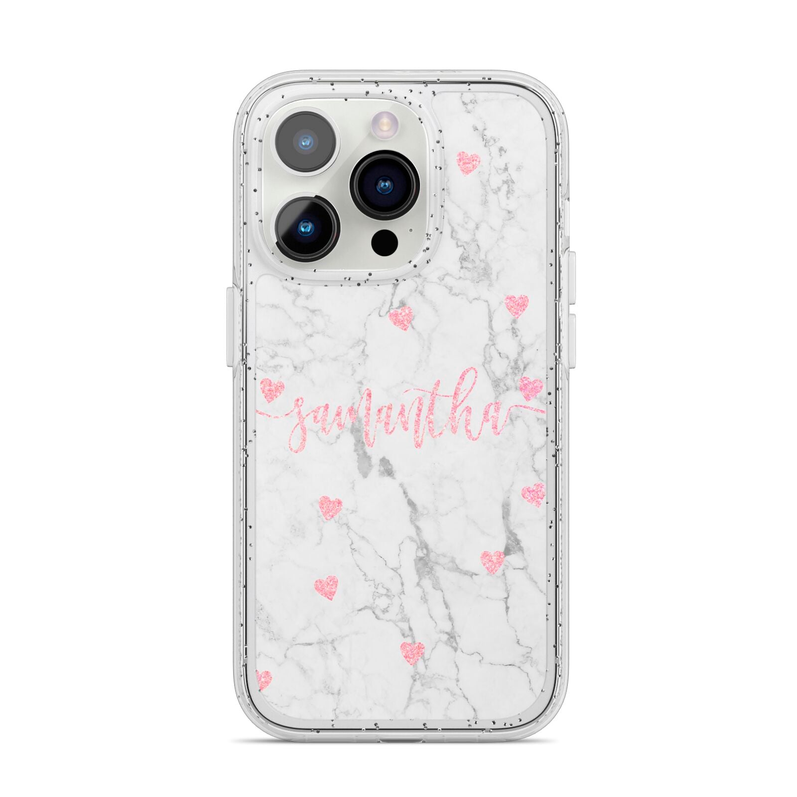 Glitter Hearts Marble Personalised Name iPhone 14 Pro Glitter Tough Case Silver