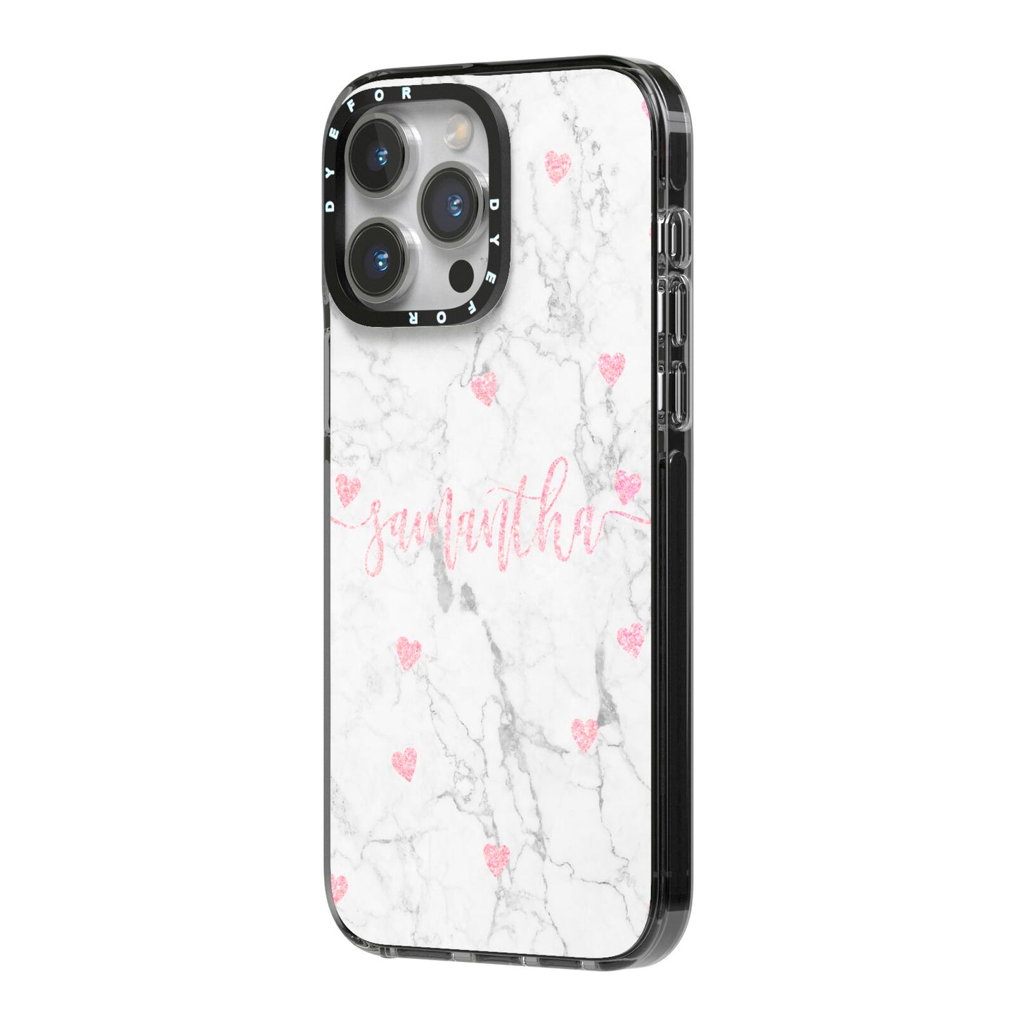 Glitter Hearts Marble Personalised Name iPhone 14 Pro Max Black Impact Case Side Angle on Silver phone