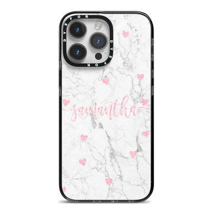 Glitter Hearts Marble Personalised Name iPhone 14 Pro Max Black Impact Case on Silver phone