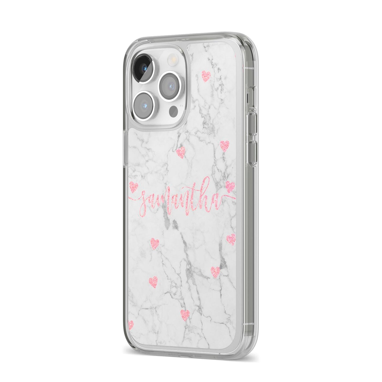 Glitter Hearts Marble Personalised Name iPhone 14 Pro Max Clear Tough Case Silver Angled Image