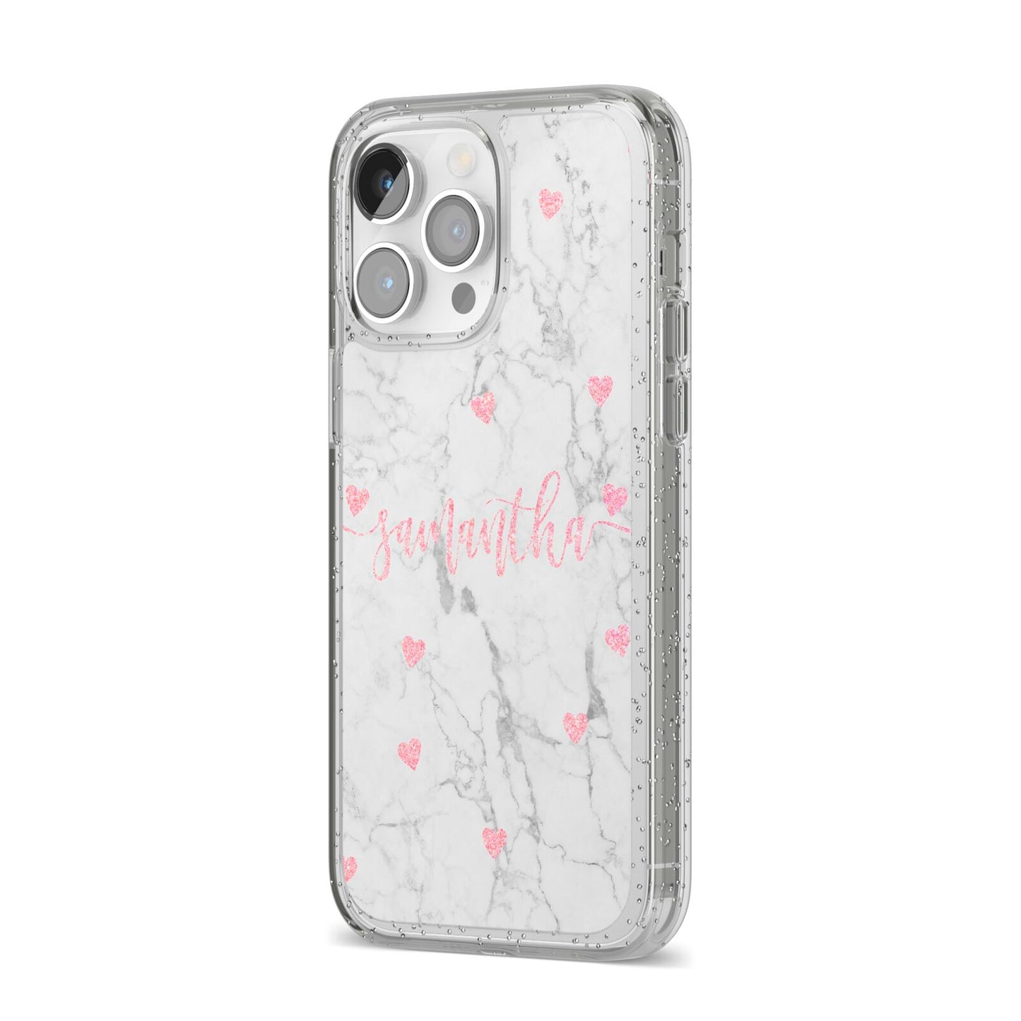 Glitter Hearts Marble Personalised Name iPhone 14 Pro Max Glitter Tough Case Silver Angled Image
