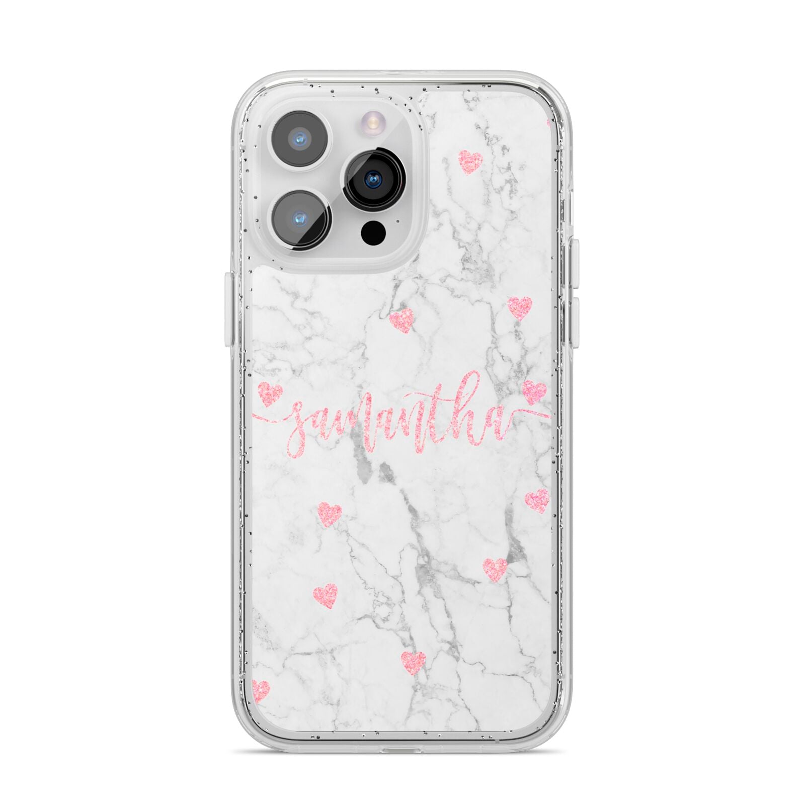 Glitter Hearts Marble Personalised Name iPhone 14 Pro Max Glitter Tough Case Silver