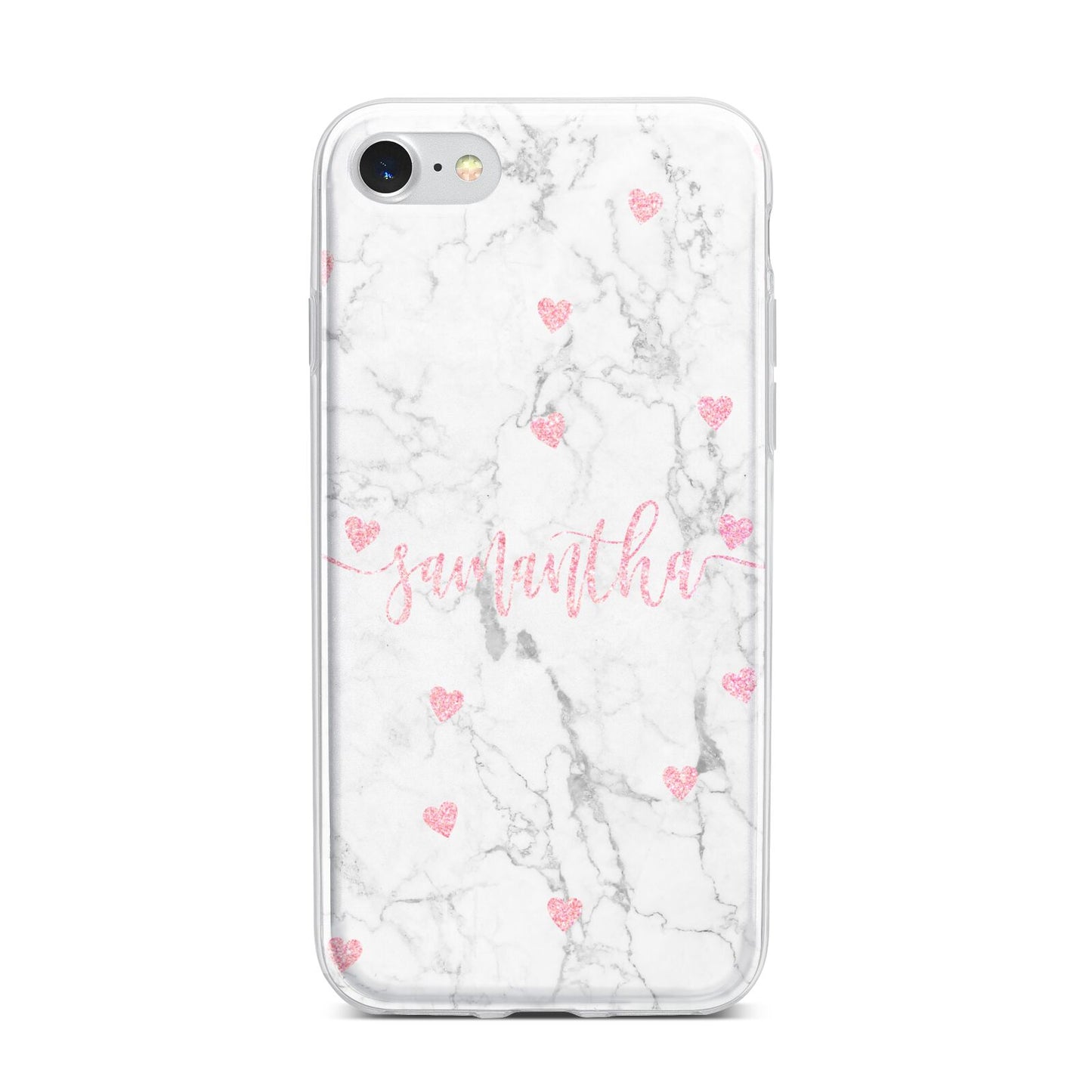 Glitter Hearts Marble Personalised Name iPhone 7 Bumper Case on Silver iPhone