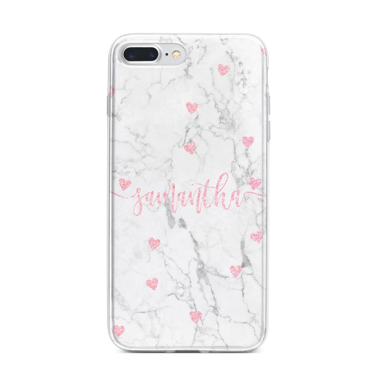 Glitter Hearts Marble Personalised Name iPhone 7 Plus Bumper Case on Silver iPhone