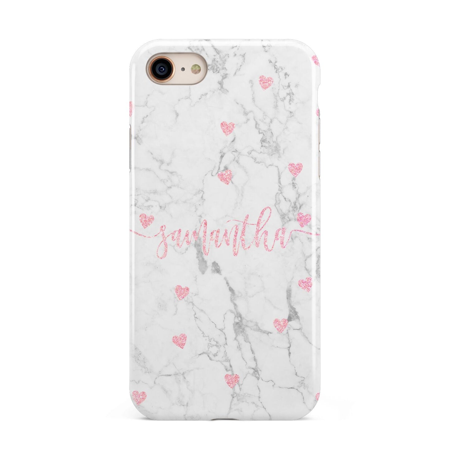 Glitter Hearts Marble Personalised Name iPhone 8 3D Tough Case on Gold Phone