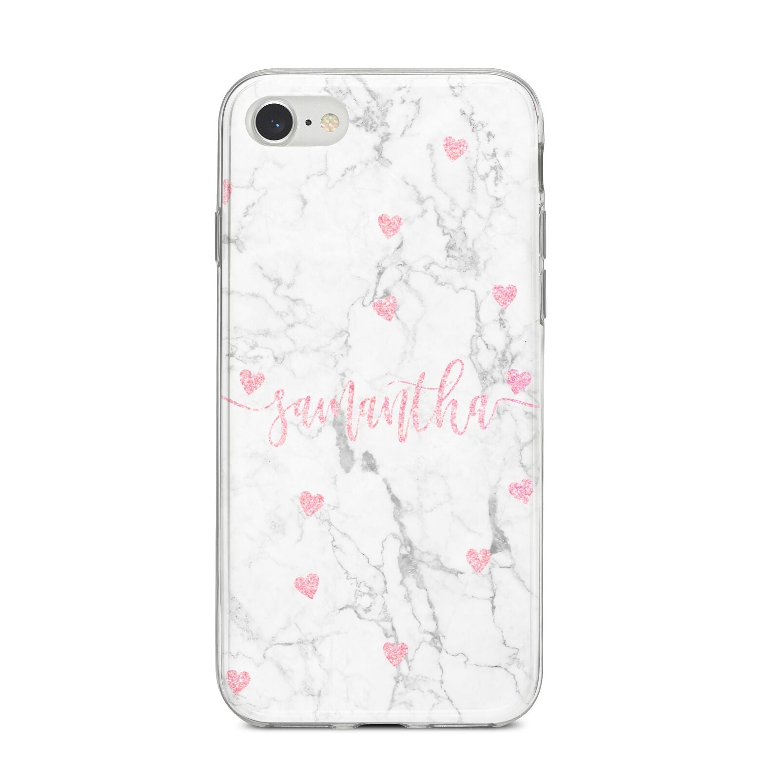 Glitter Hearts Marble Personalised Name iPhone 8 Bumper Case on Silver iPhone