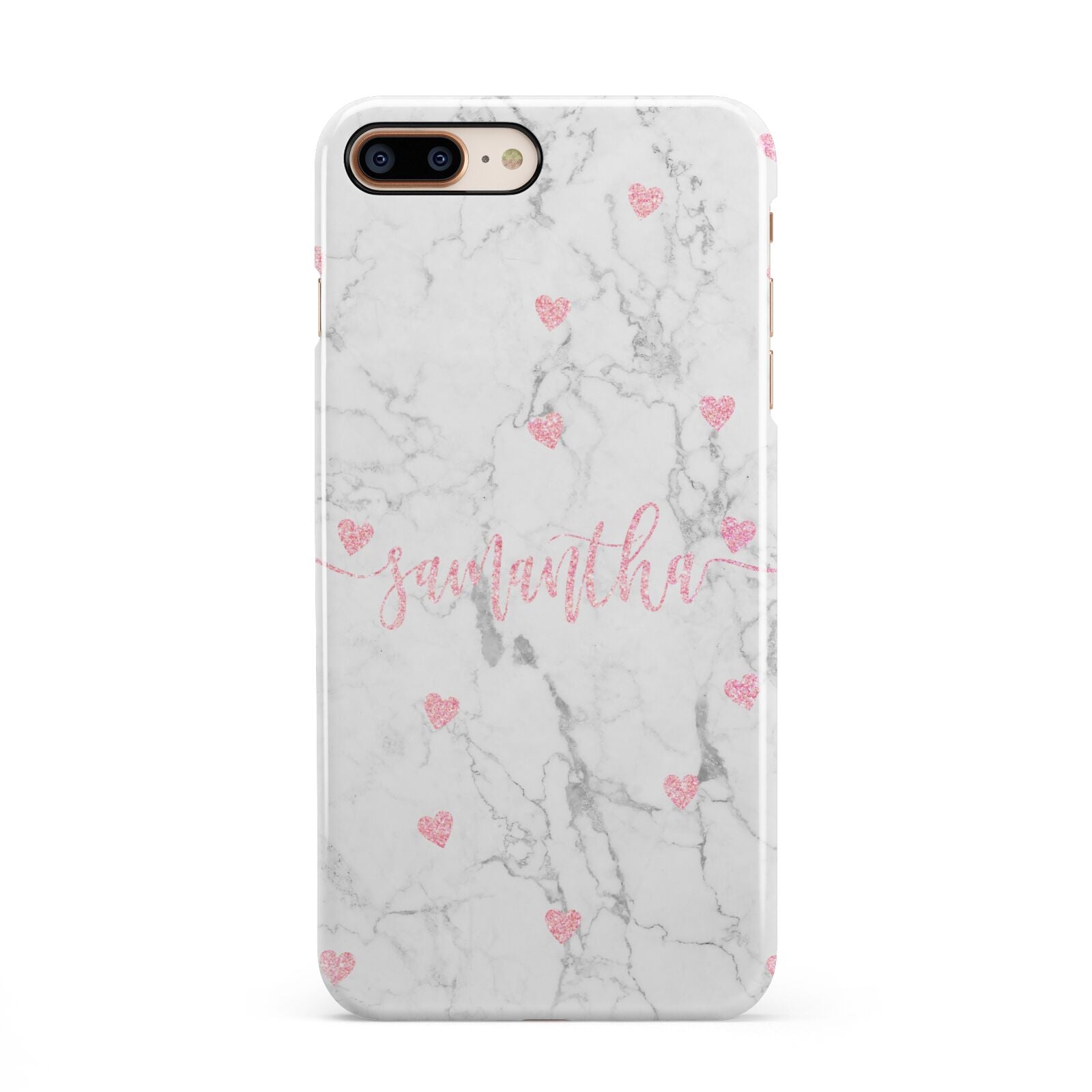 Glitter Hearts Marble Personalised Name iPhone 8 Plus 3D Snap Case on Gold Phone