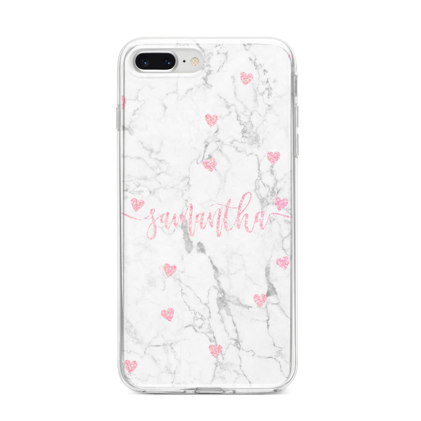 Glitter Hearts Marble Personalised Name iPhone 8 Plus Bumper Case on Silver iPhone