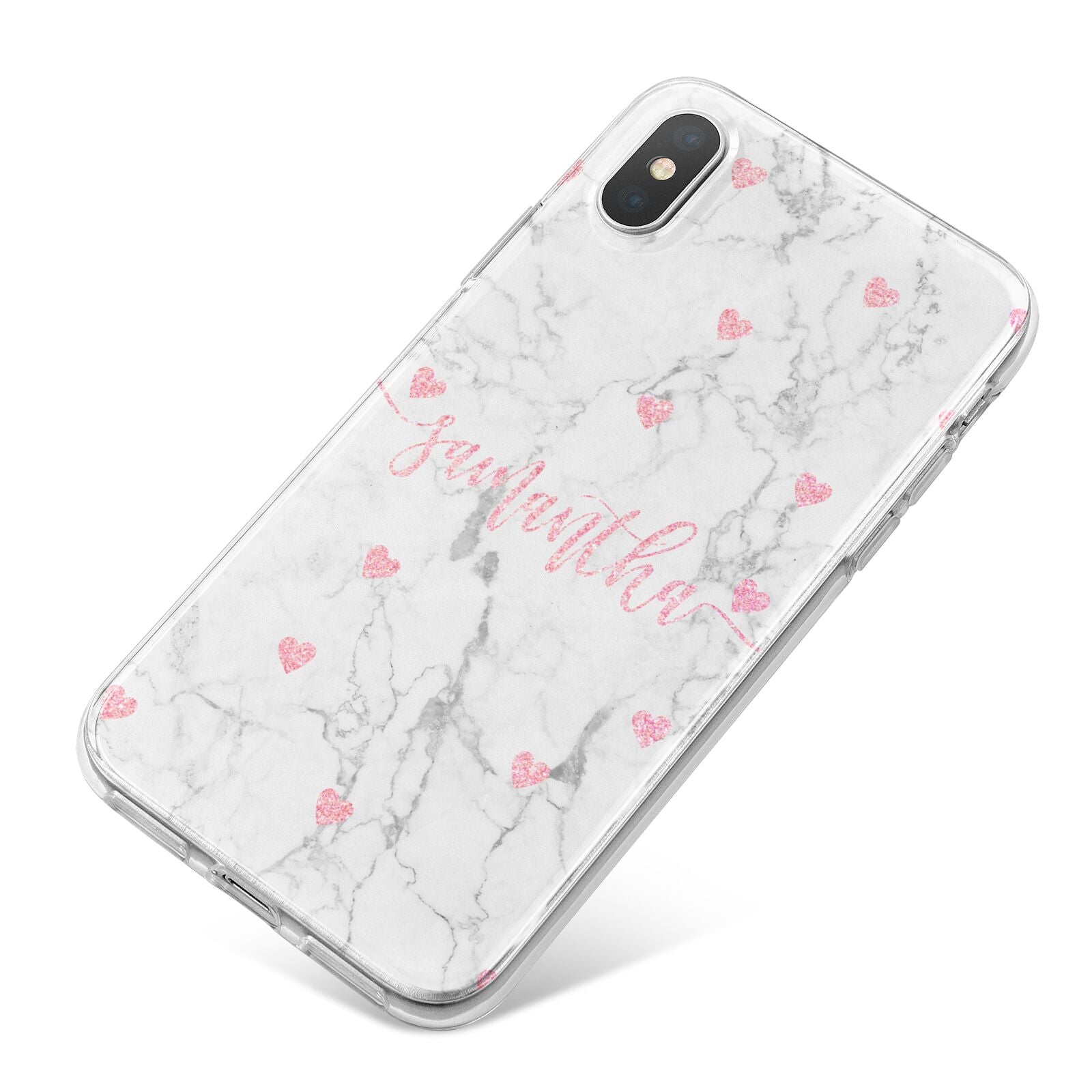 Glitter Hearts Marble Personalised Name iPhone X Bumper Case on Silver iPhone