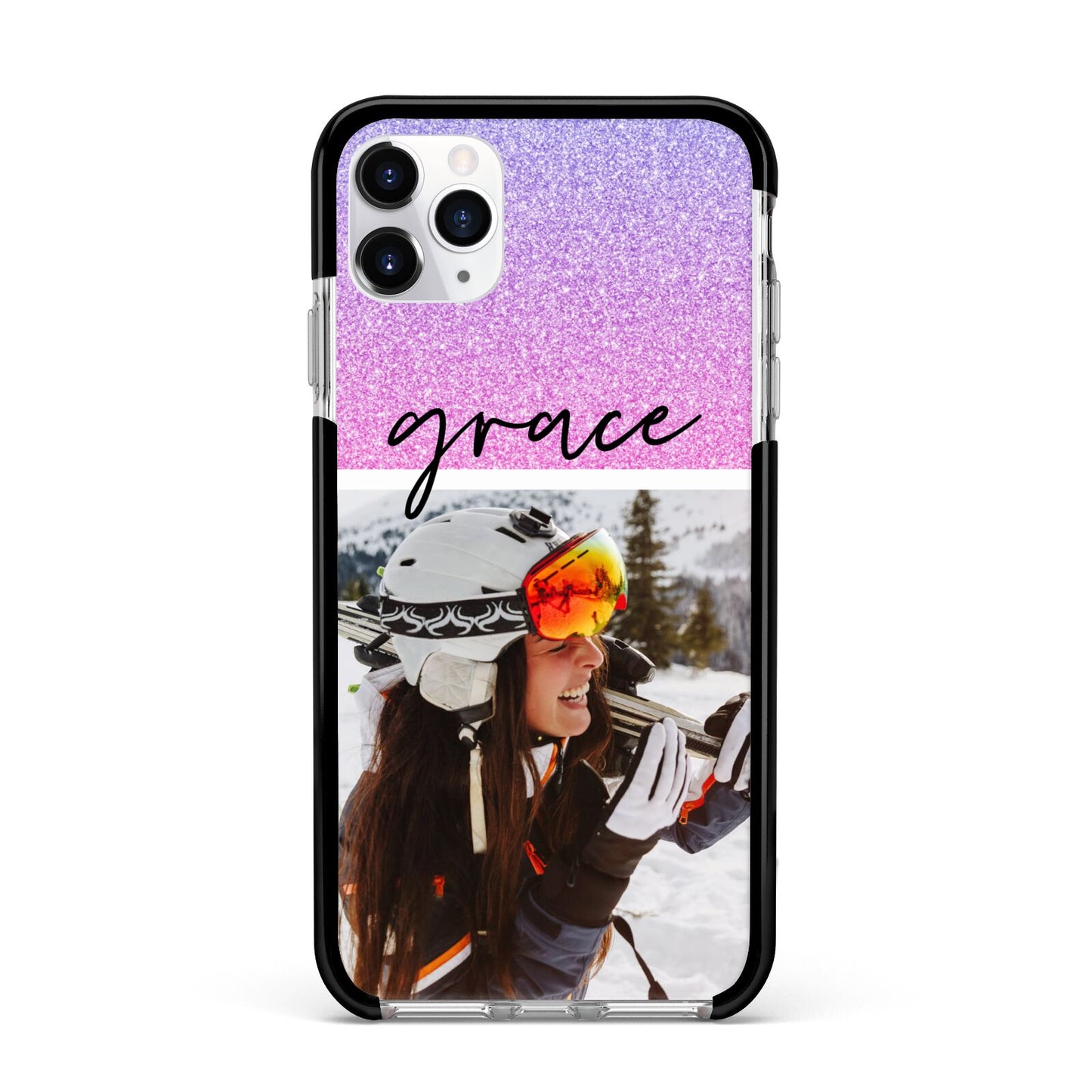 Glitter Personalised Photo Upload Name Apple iPhone 11 Pro Max in Silver with Black Impact Case