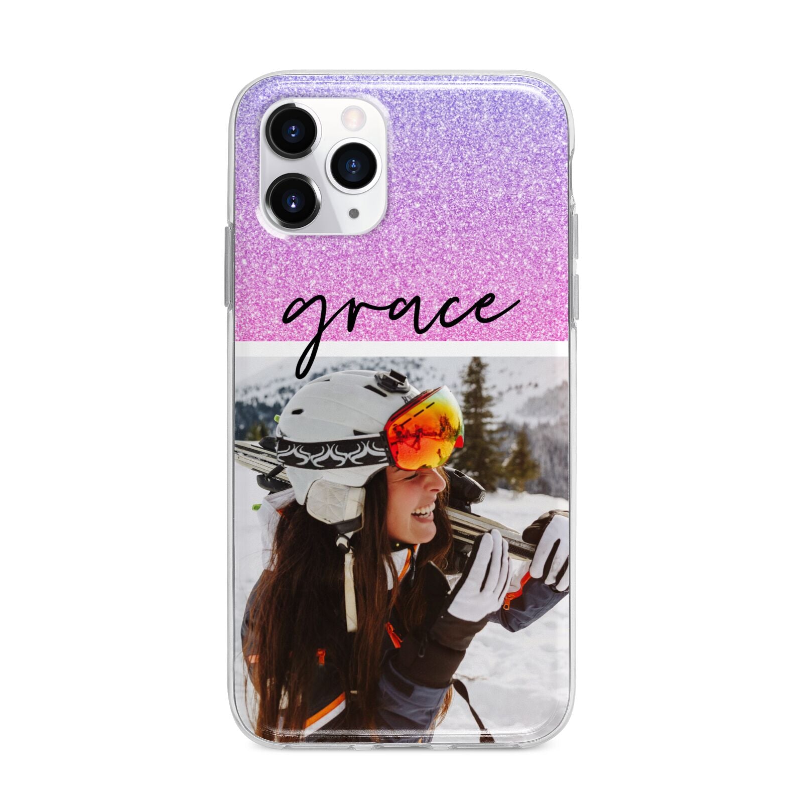 Glitter Personalised Photo Upload Name Apple iPhone 11 Pro Max in Silver with Bumper Case