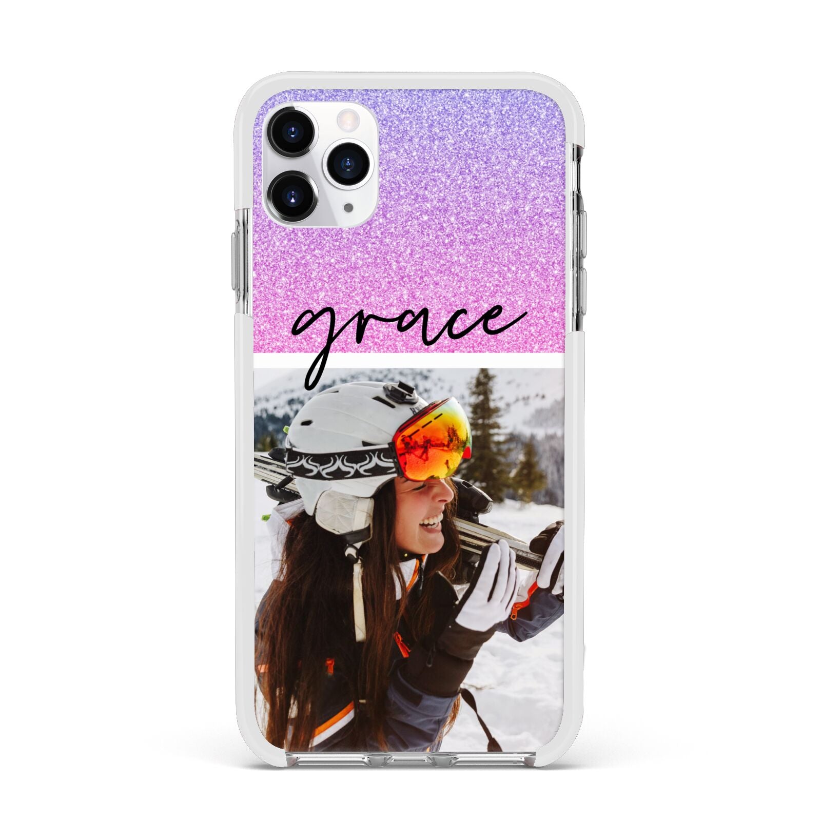 Glitter Personalised Photo Upload Name Apple iPhone 11 Pro Max in Silver with White Impact Case