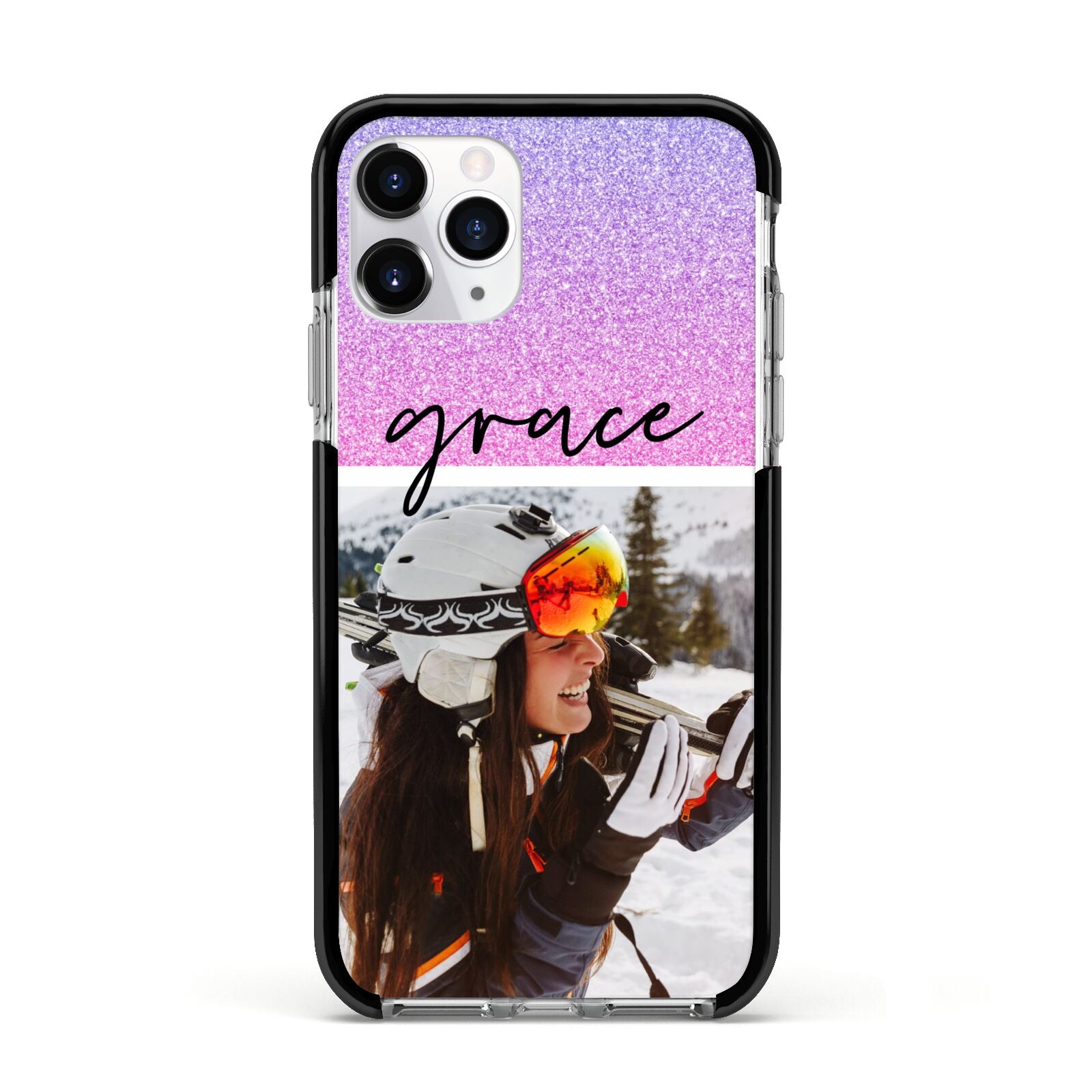 Glitter Personalised Photo Upload Name Apple iPhone 11 Pro in Silver with Black Impact Case
