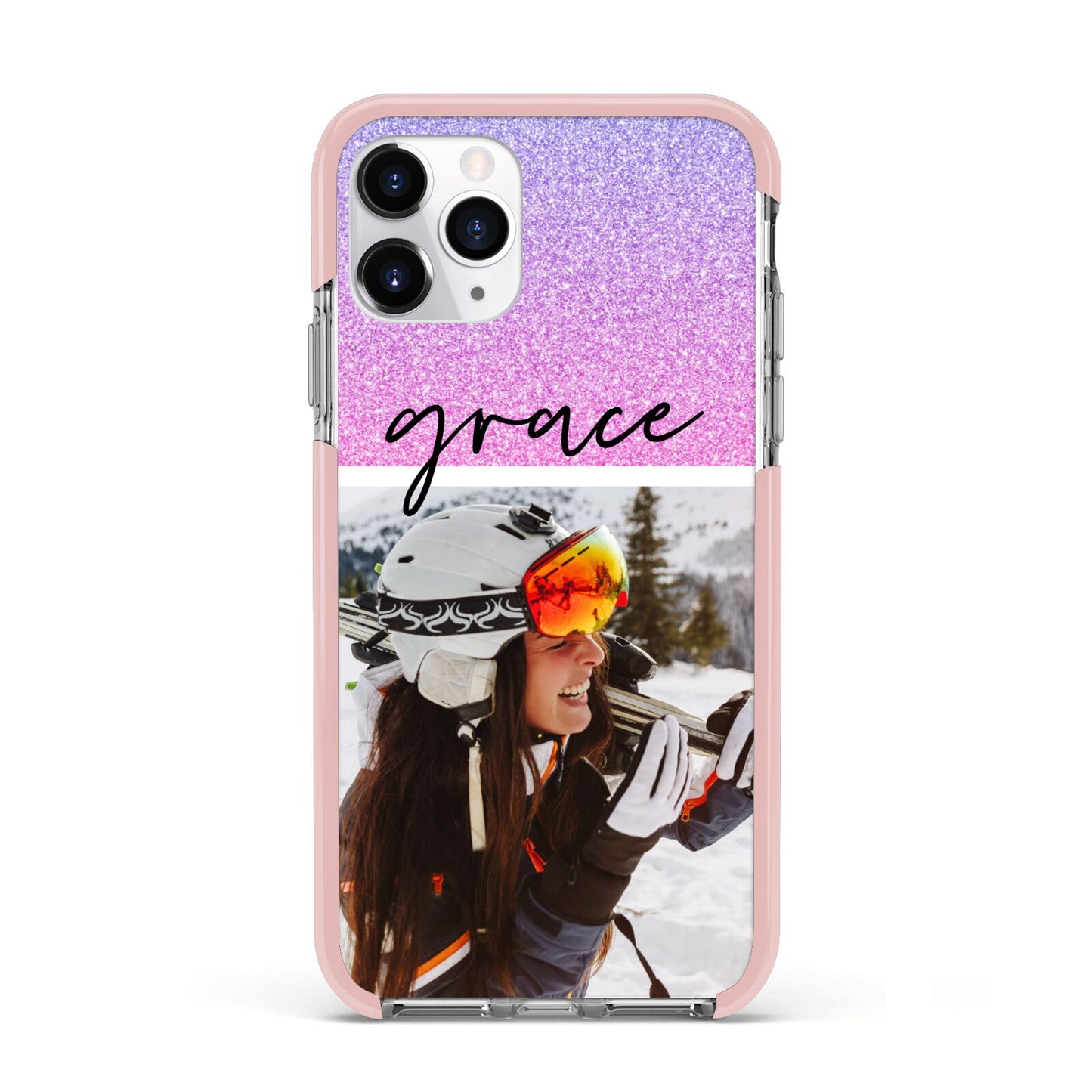 Glitter Personalised Photo Upload Name Apple iPhone 11 Pro in Silver with Pink Impact Case