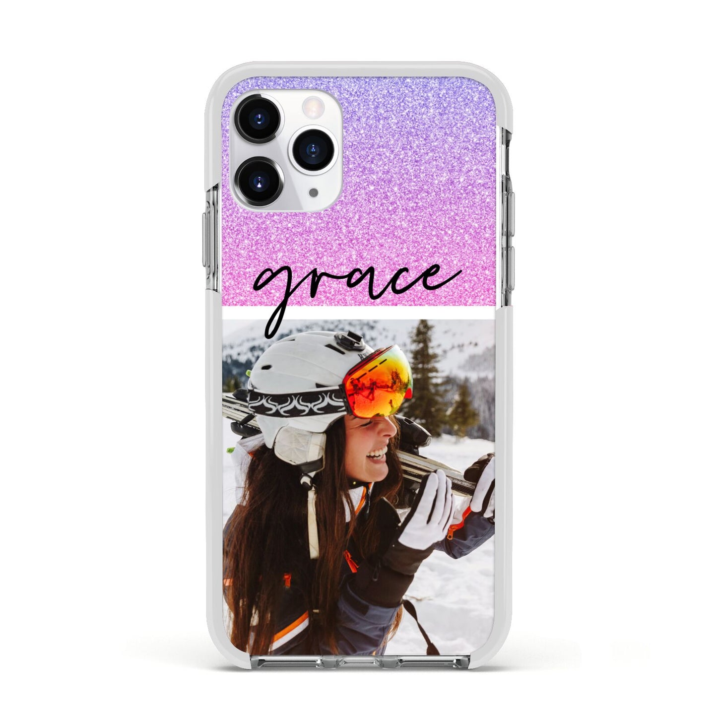 Glitter Personalised Photo Upload Name Apple iPhone 11 Pro in Silver with White Impact Case
