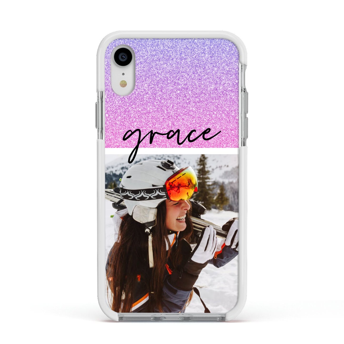 Glitter Personalised Photo Upload Name Apple iPhone XR Impact Case White Edge on Silver Phone