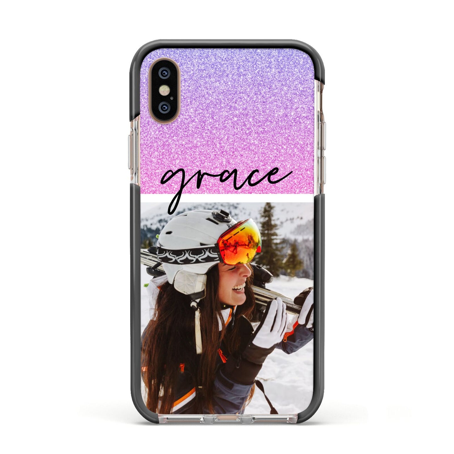 Glitter Personalised Photo Upload Name Apple iPhone Xs Impact Case Black Edge on Gold Phone