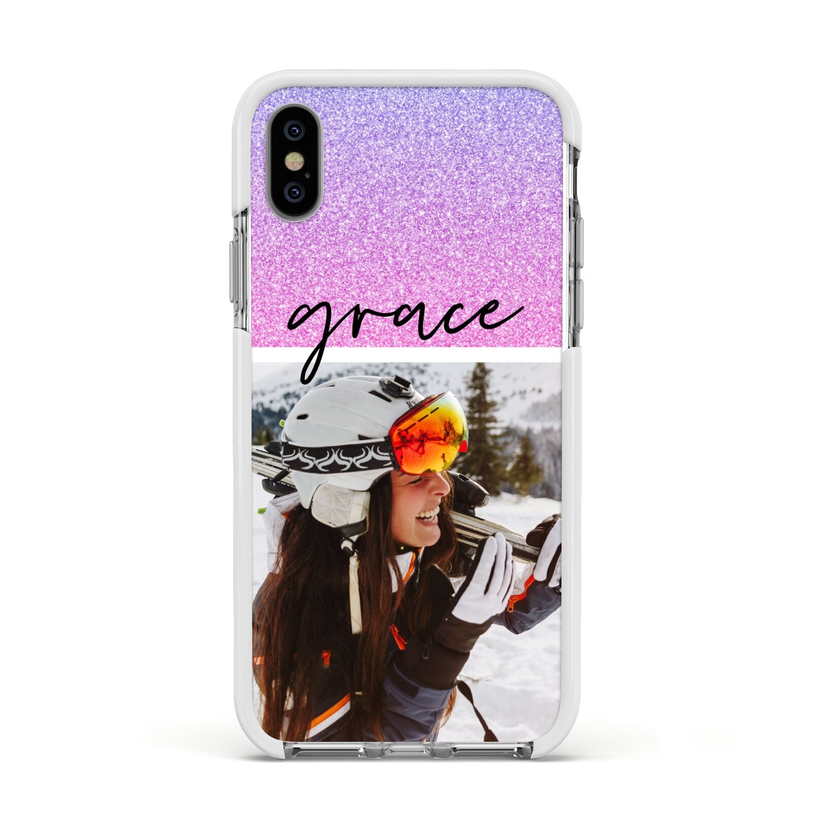 Glitter Personalised Photo Upload Name Apple iPhone Xs Impact Case White Edge on Silver Phone