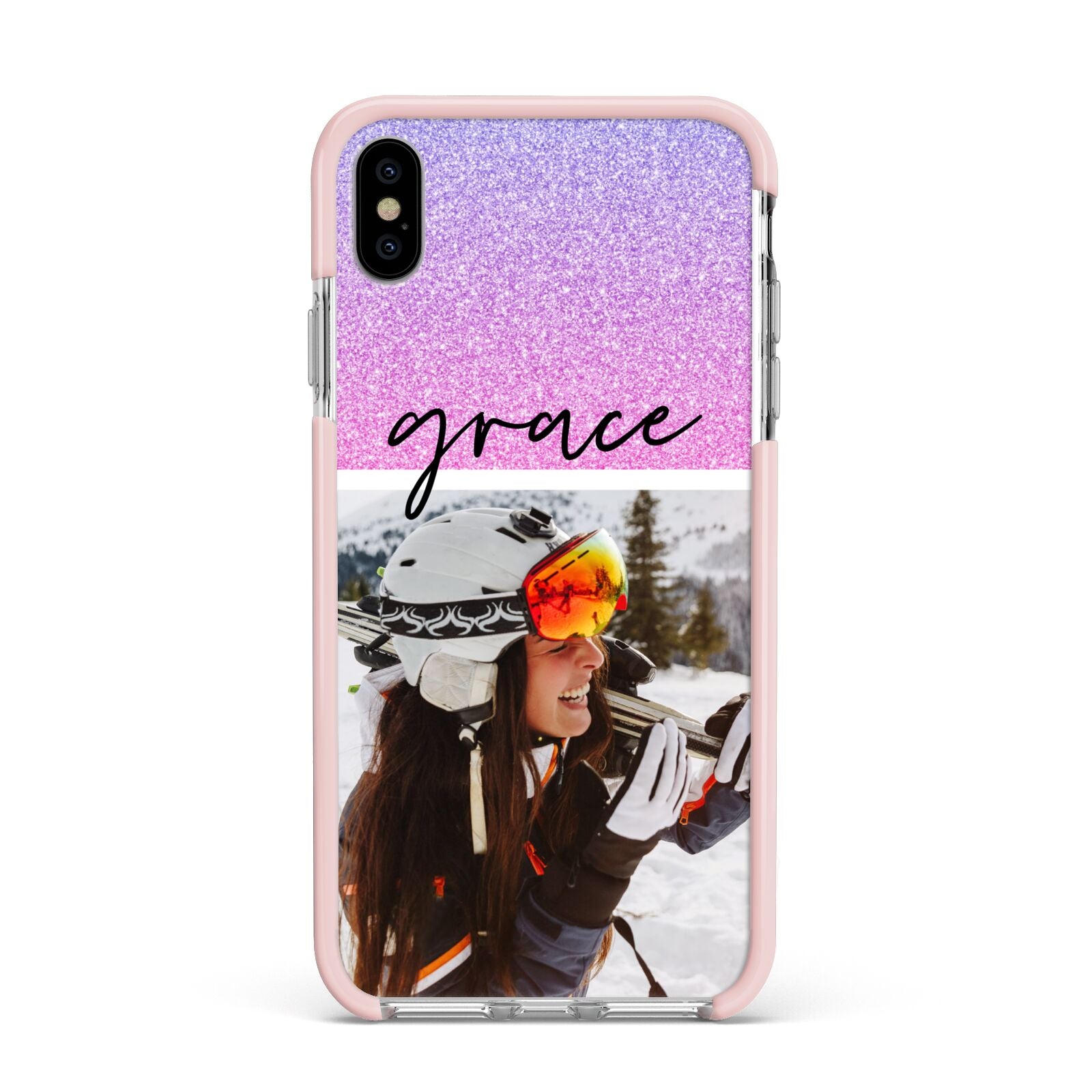 Glitter Personalised Photo Upload Name Apple iPhone Xs Max Impact Case Pink Edge on Silver Phone
