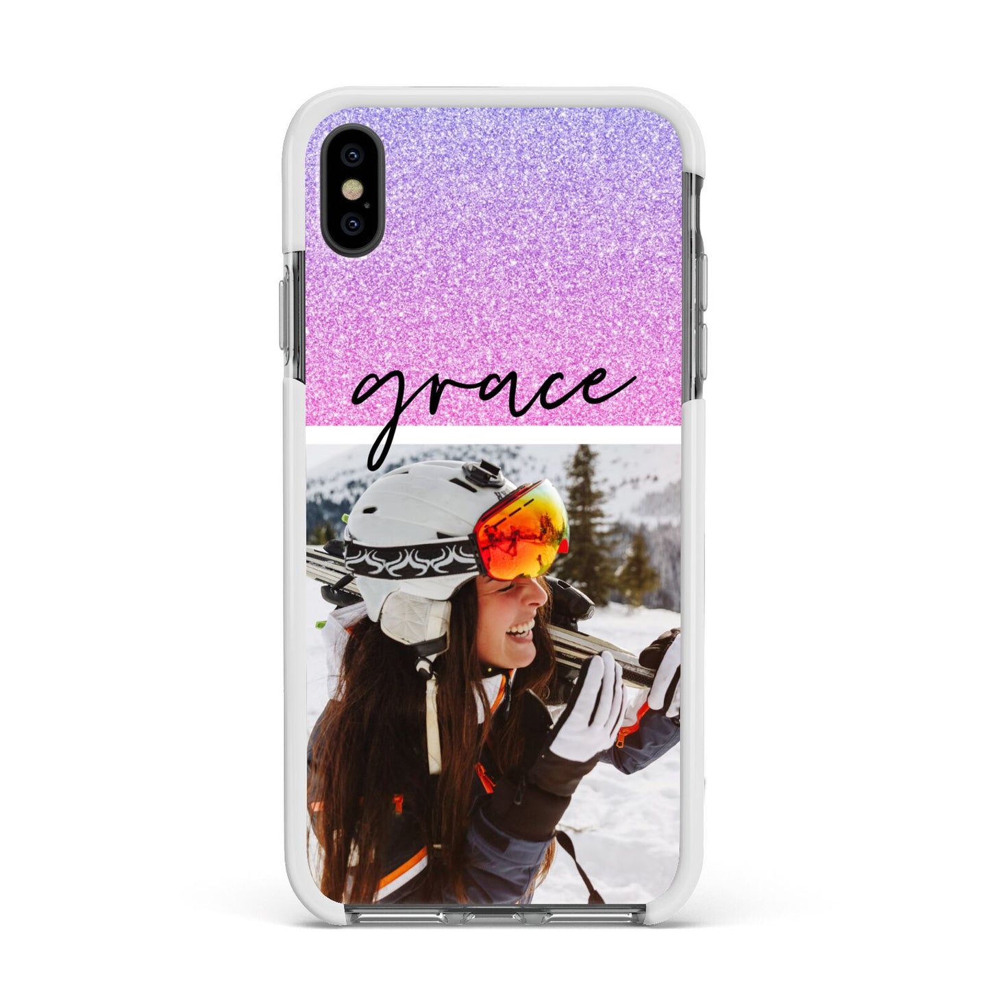 Glitter Personalised Photo Upload Name Apple iPhone Xs Max Impact Case White Edge on Black Phone