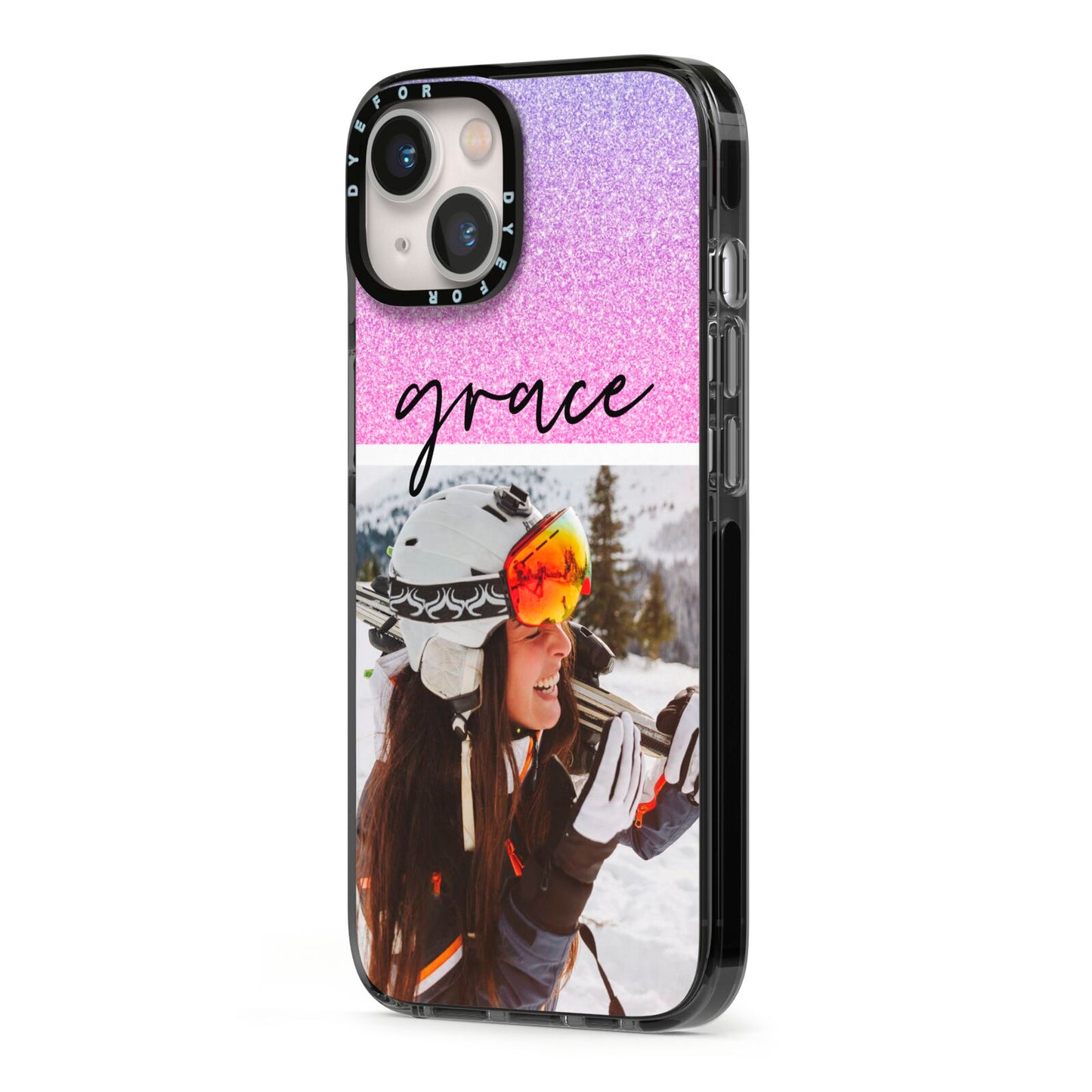 Glitter Personalised Photo Upload Name iPhone 13 Black Impact Case Side Angle on Silver phone