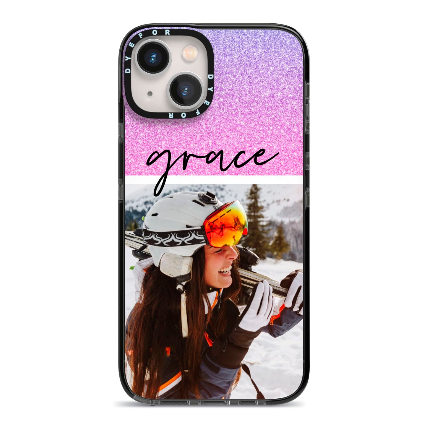 Glitter Personalised Photo Upload Name iPhone 13 Black Impact Case on Silver phone