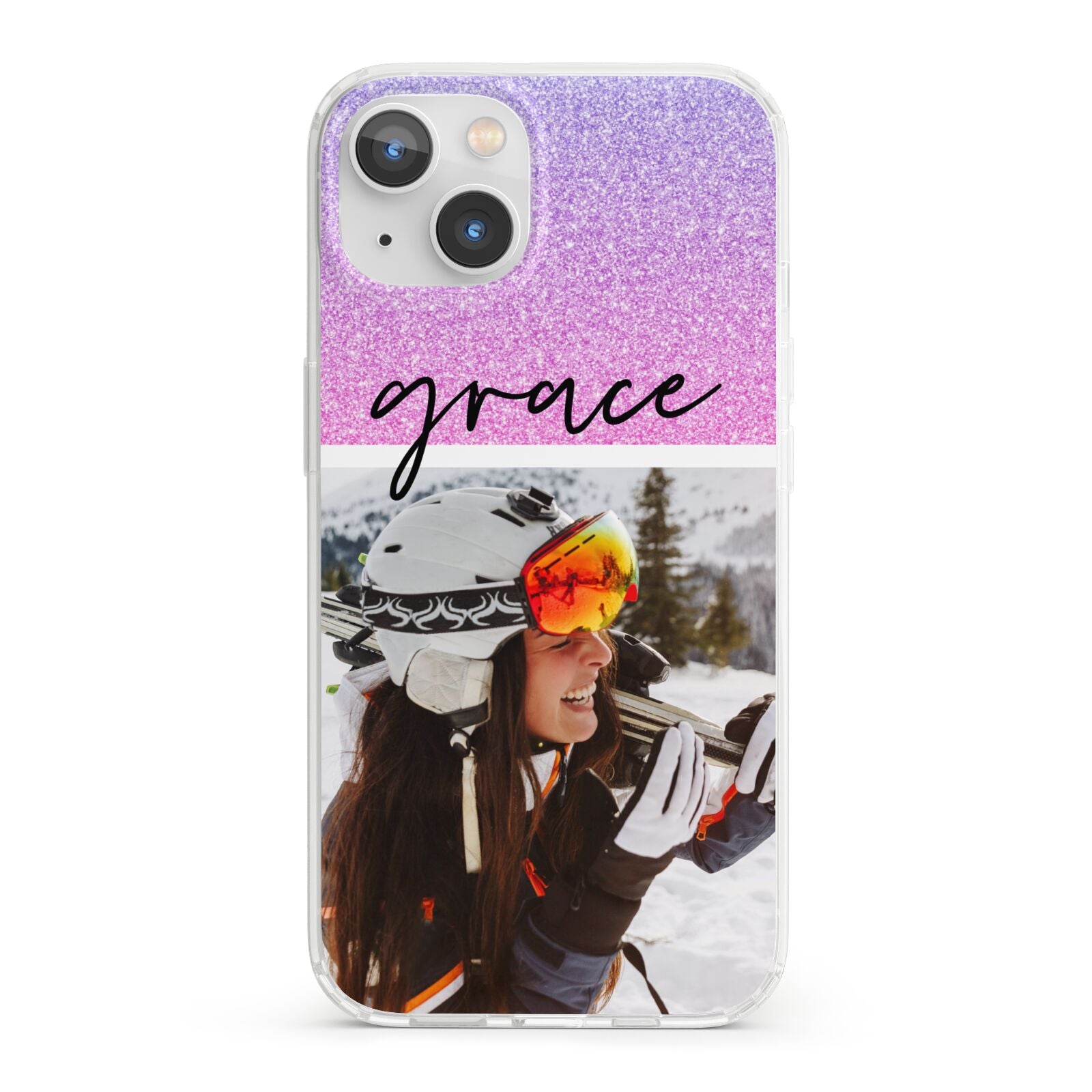 Glitter Personalised Photo Upload Name iPhone 13 Clear Bumper Case