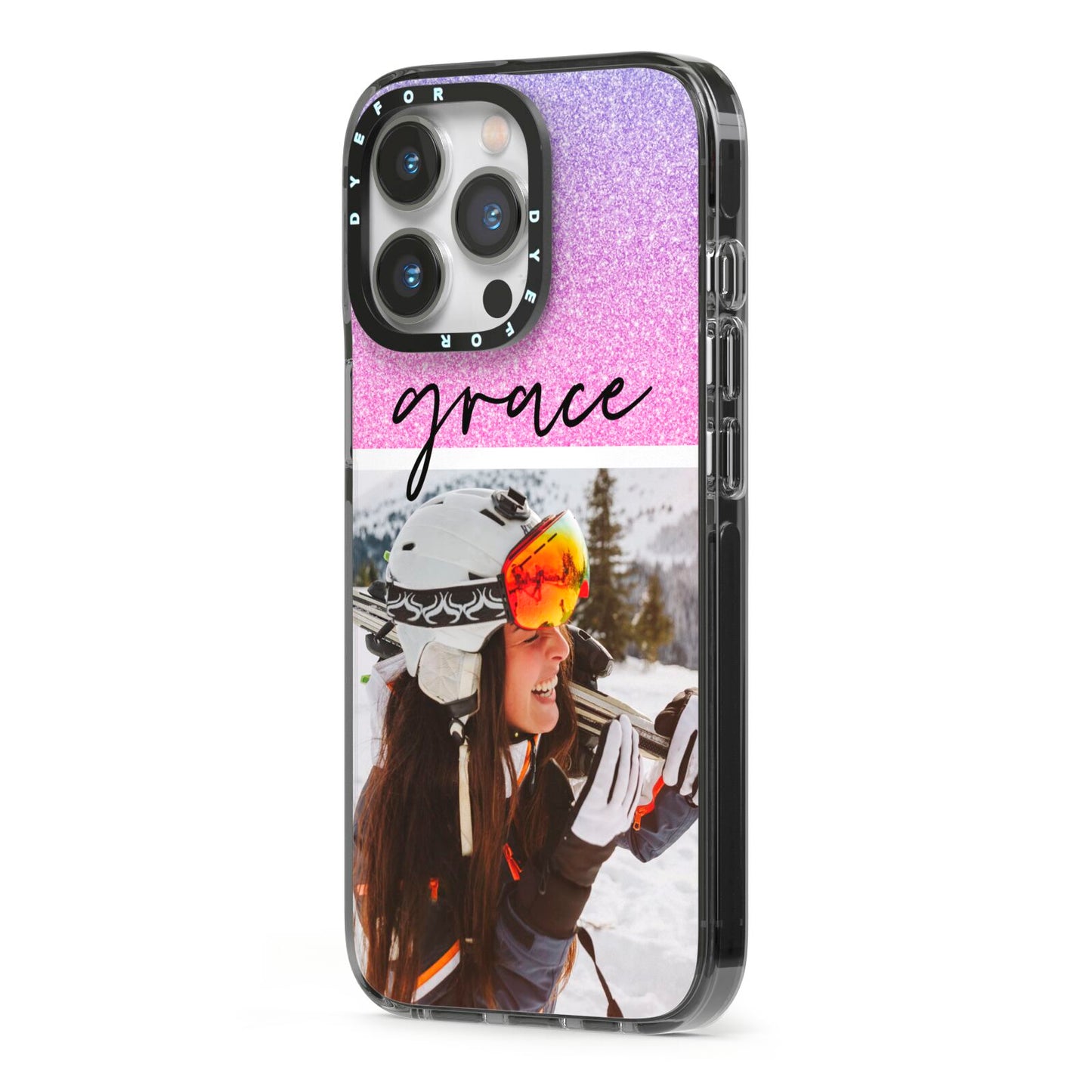 Glitter Personalised Photo Upload Name iPhone 13 Pro Black Impact Case Side Angle on Silver phone