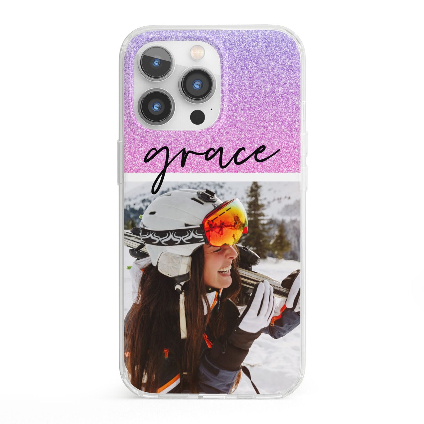 Glitter Personalised Photo Upload Name iPhone 13 Pro Clear Bumper Case