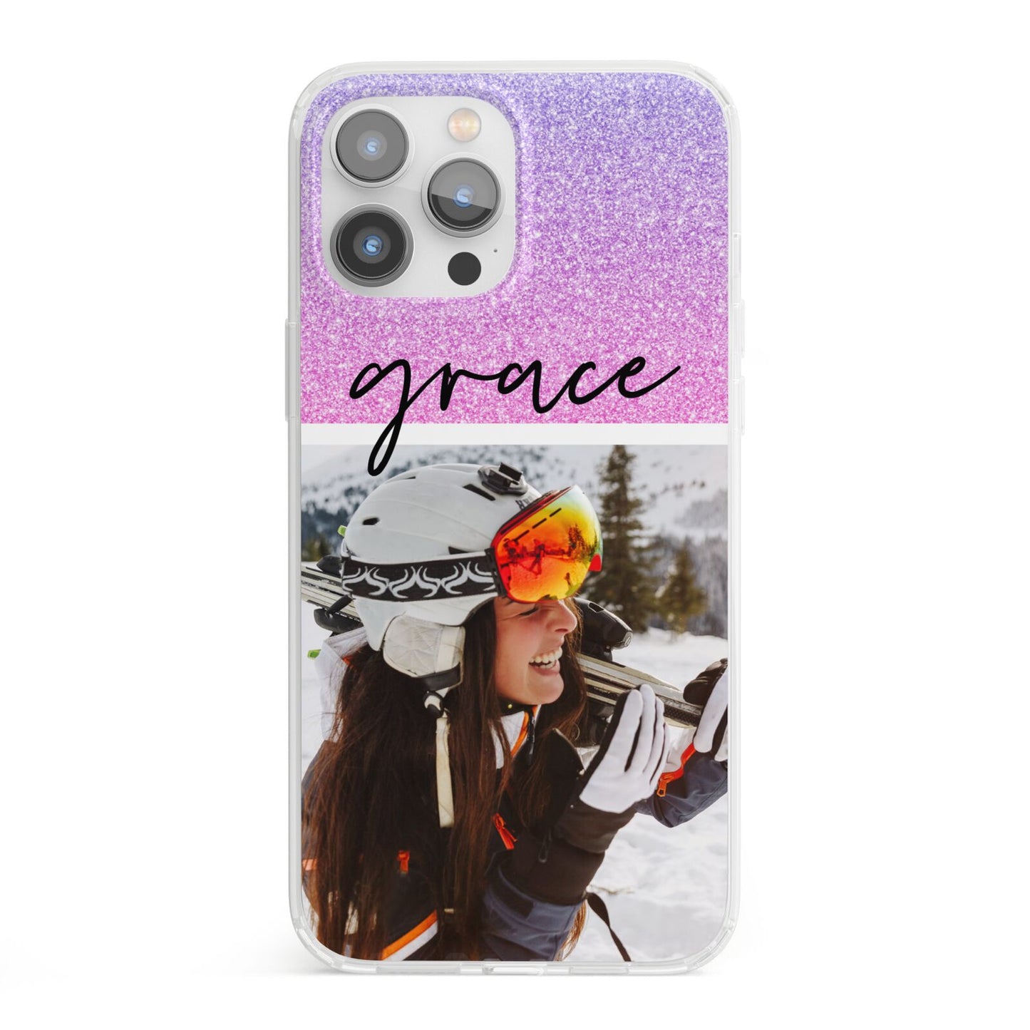 Glitter Personalised Photo Upload Name iPhone 13 Pro Max Clear Bumper Case