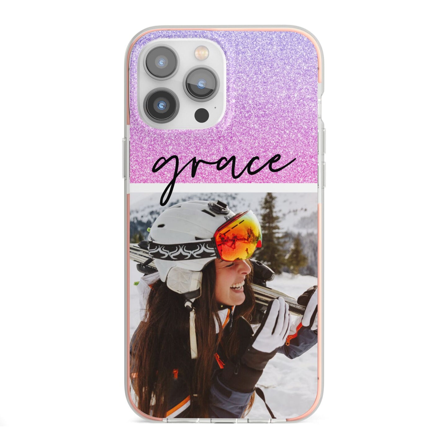 Glitter Personalised Photo Upload Name iPhone 13 Pro Max TPU Impact Case with Pink Edges