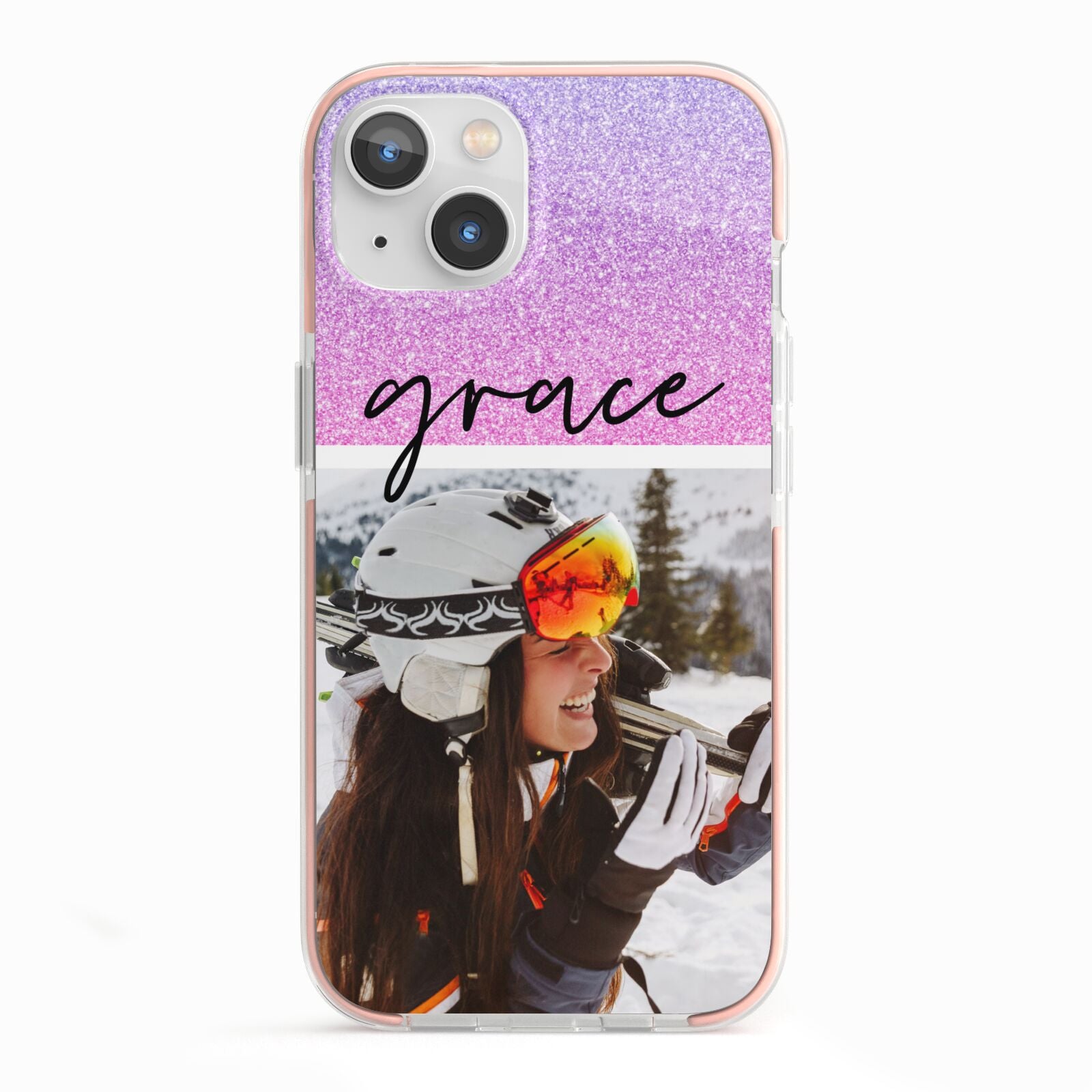 Glitter Personalised Photo Upload Name iPhone 13 TPU Impact Case with Pink Edges