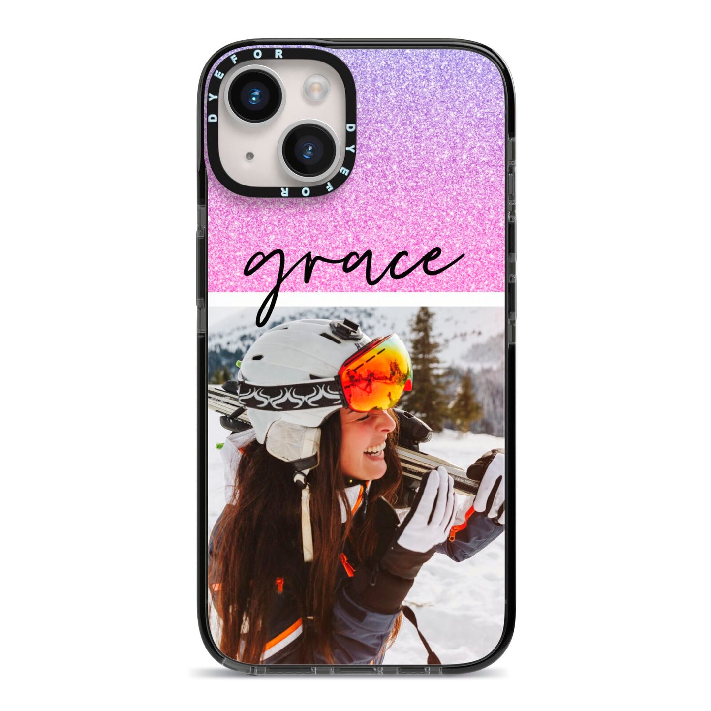 Glitter Personalised Photo Upload Name iPhone 14 Black Impact Case on Silver phone
