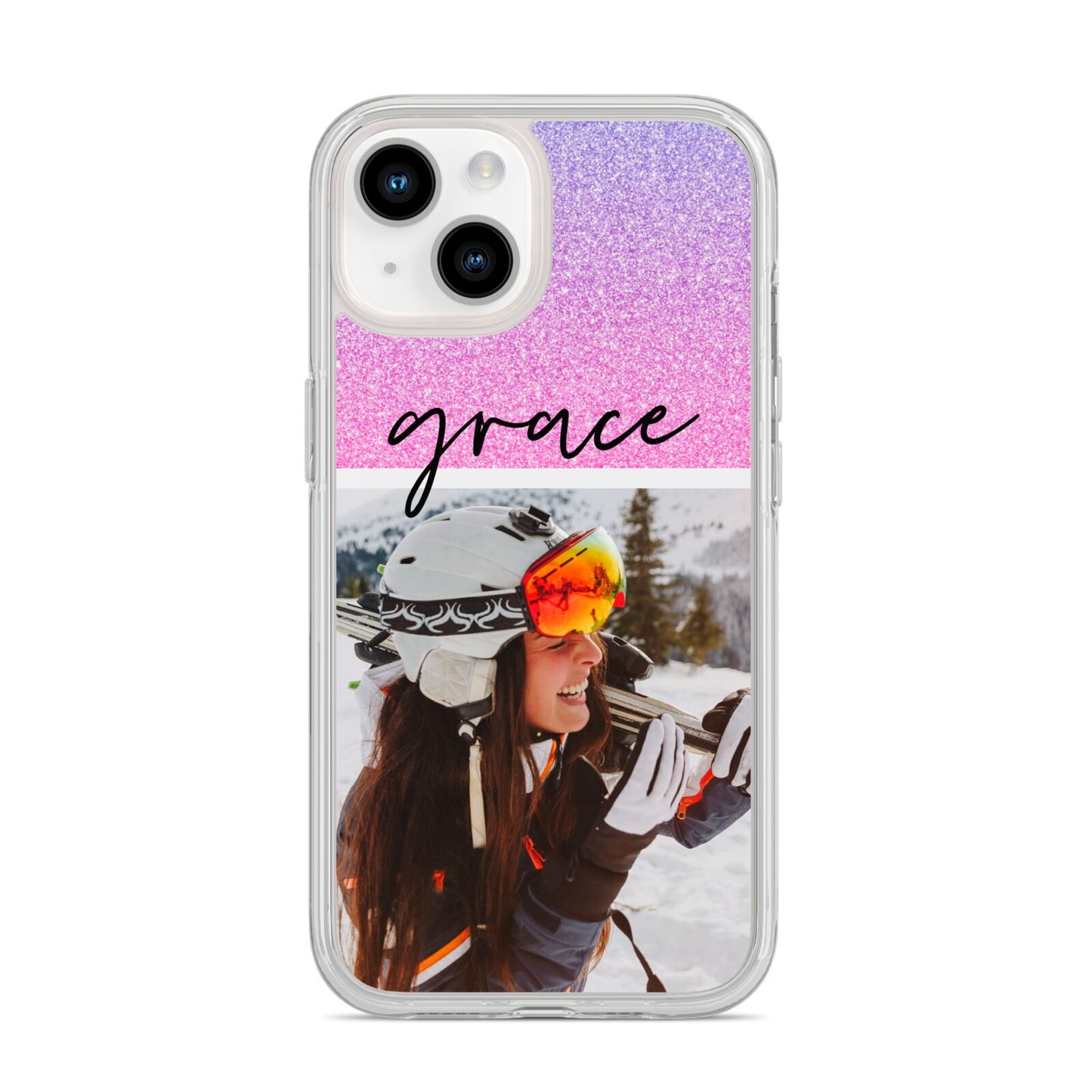 Glitter Personalised Photo Upload Name iPhone 14 Clear Tough Case Starlight