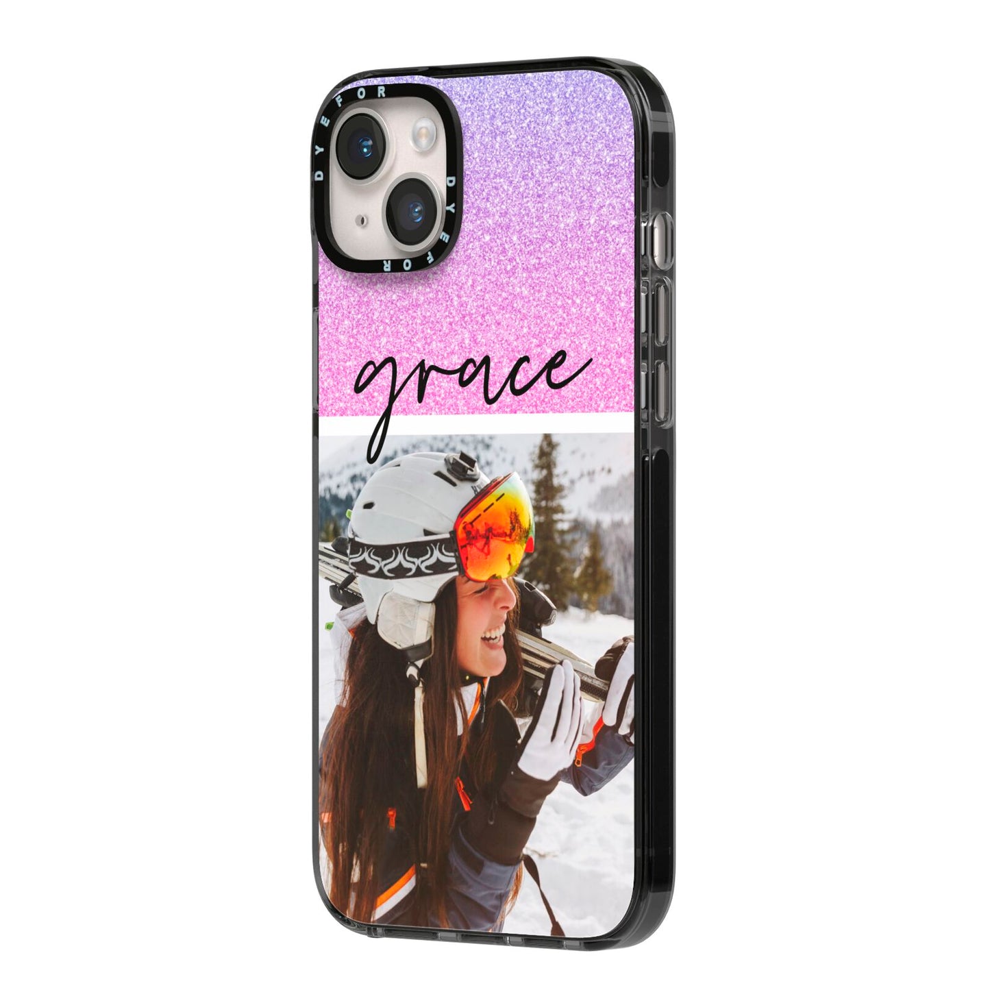 Glitter Personalised Photo Upload Name iPhone 14 Plus Black Impact Case Side Angle on Silver phone