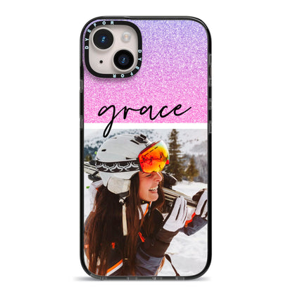 Glitter Personalised Photo Upload Name iPhone 14 Plus Black Impact Case on Silver phone