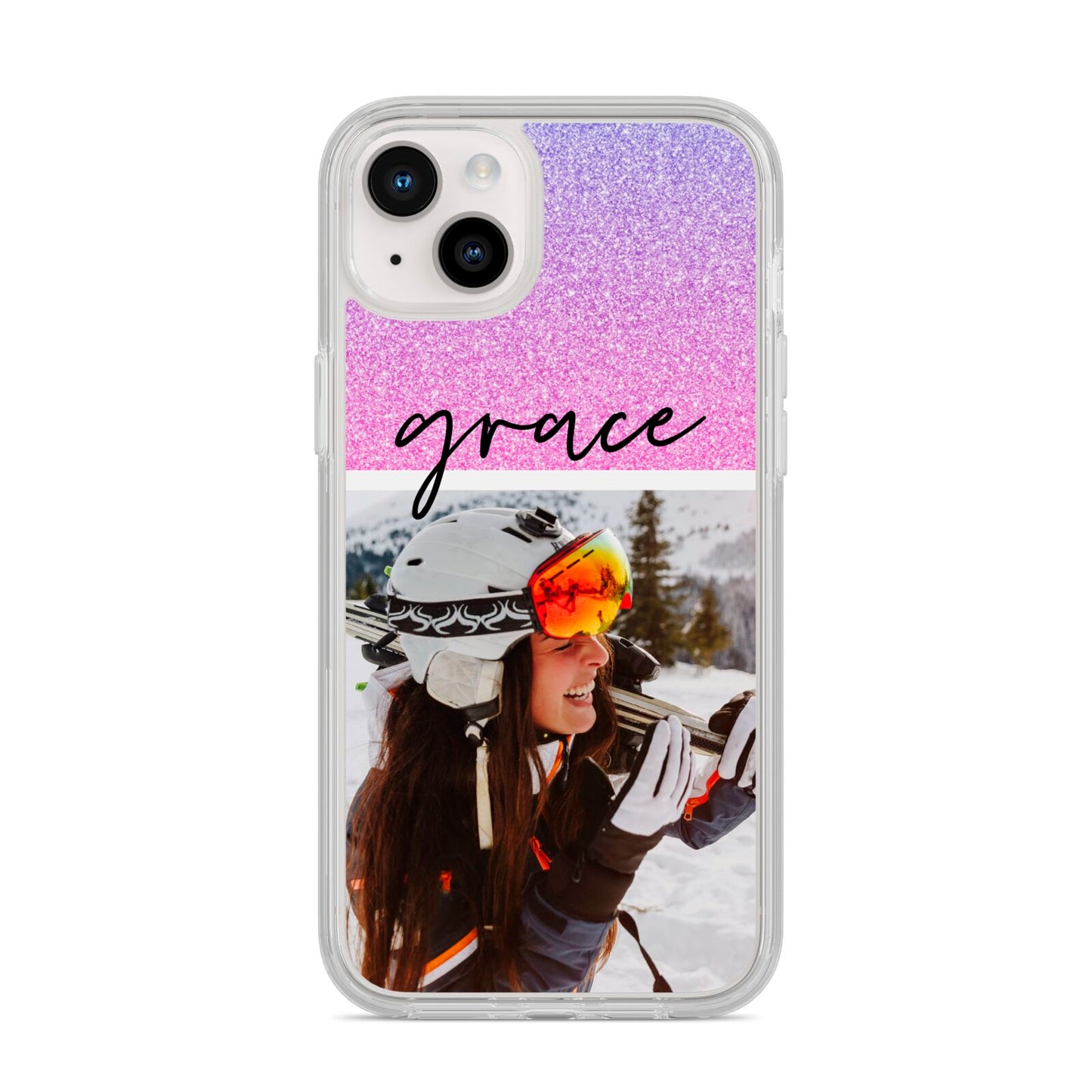 Glitter Personalised Photo Upload Name iPhone 14 Plus Clear Tough Case Starlight