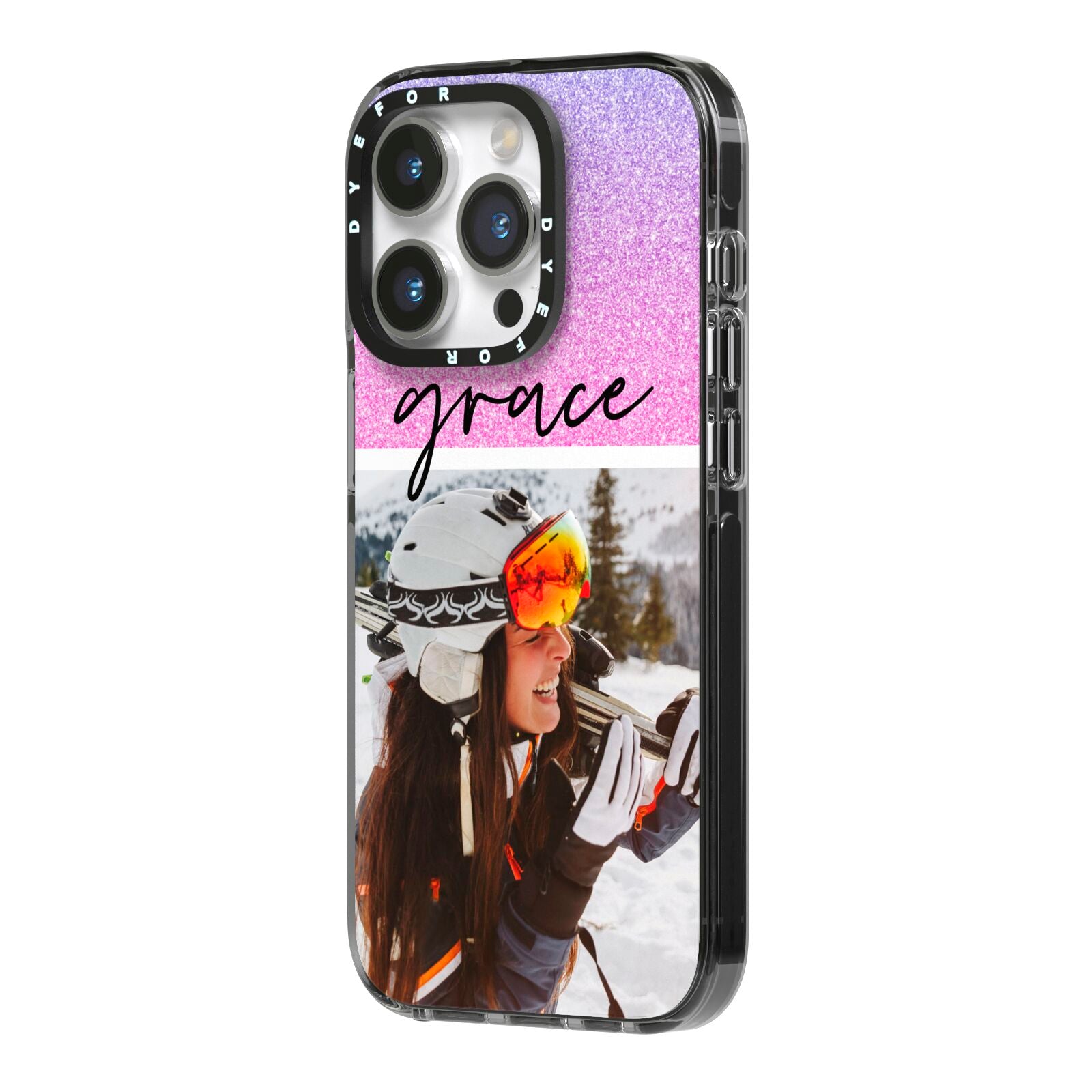 Glitter Personalised Photo Upload Name iPhone 14 Pro Black Impact Case Side Angle on Silver phone