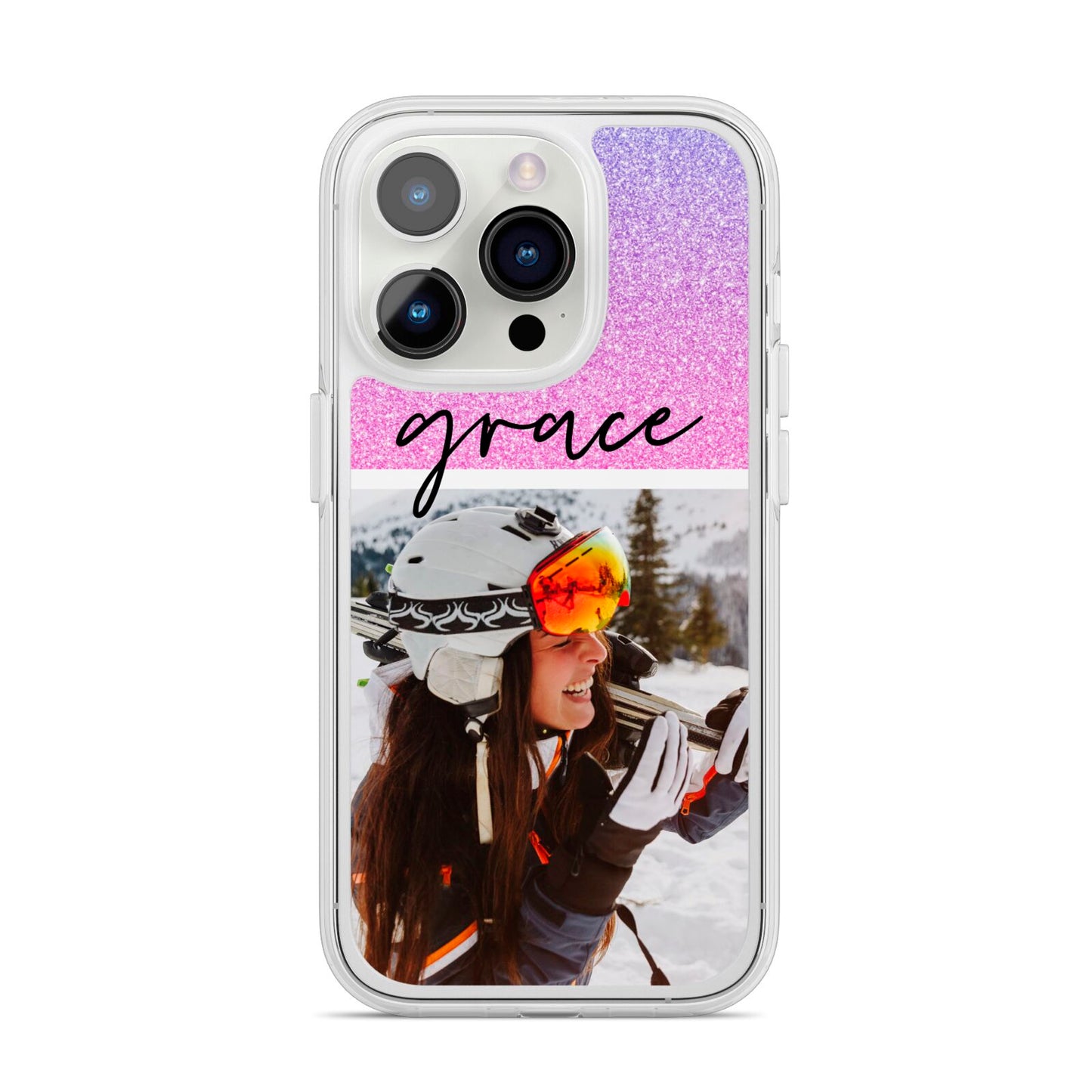 Glitter Personalised Photo Upload Name iPhone 14 Pro Clear Tough Case Silver