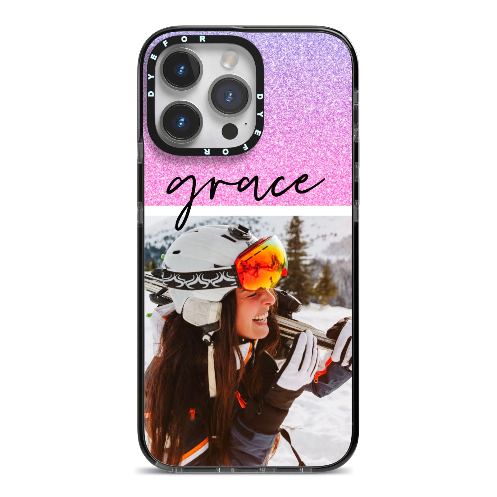Glitter Personalised Photo Upload Name iPhone 14 Pro Max Black Impact Case on Silver phone