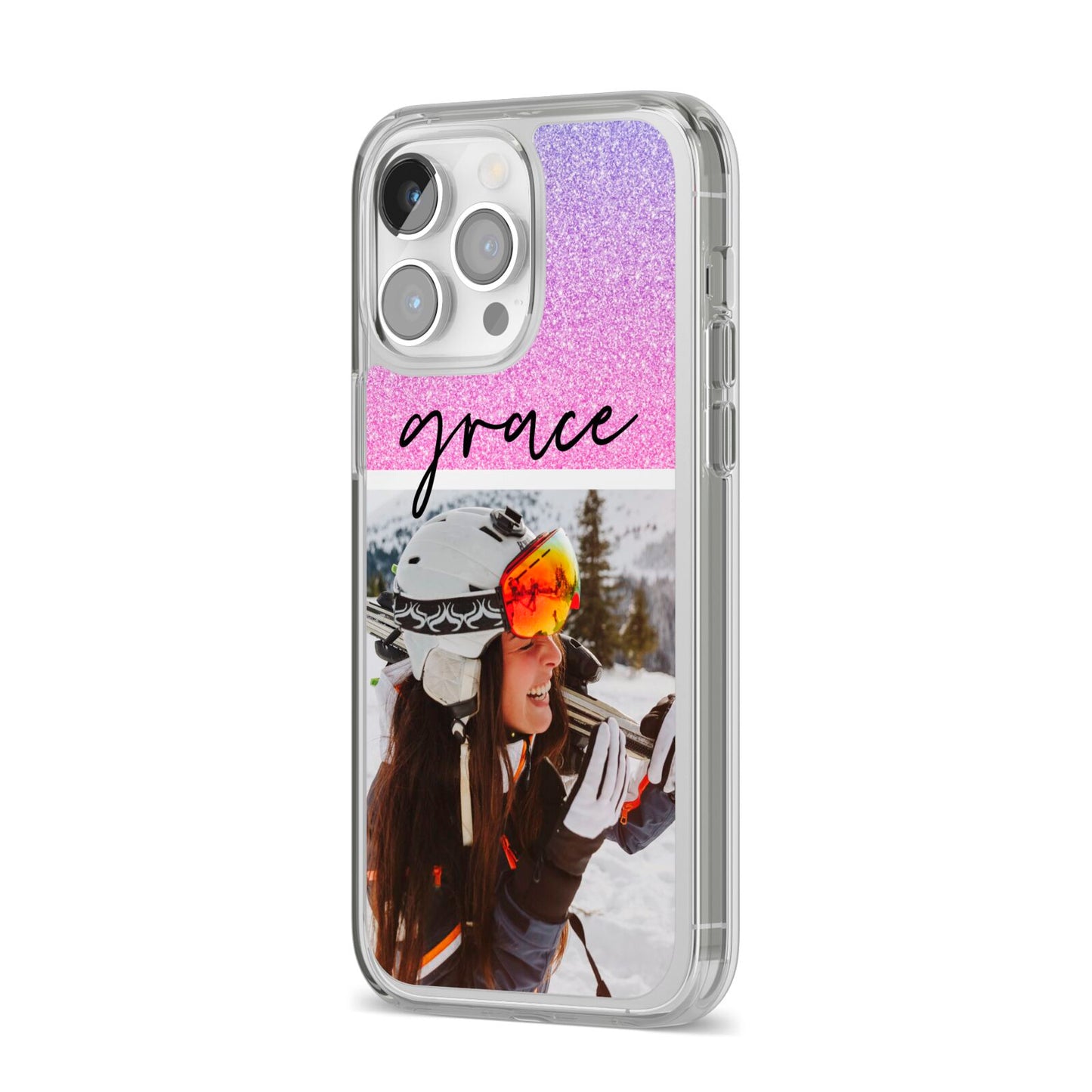 Glitter Personalised Photo Upload Name iPhone 14 Pro Max Clear Tough Case Silver Angled Image
