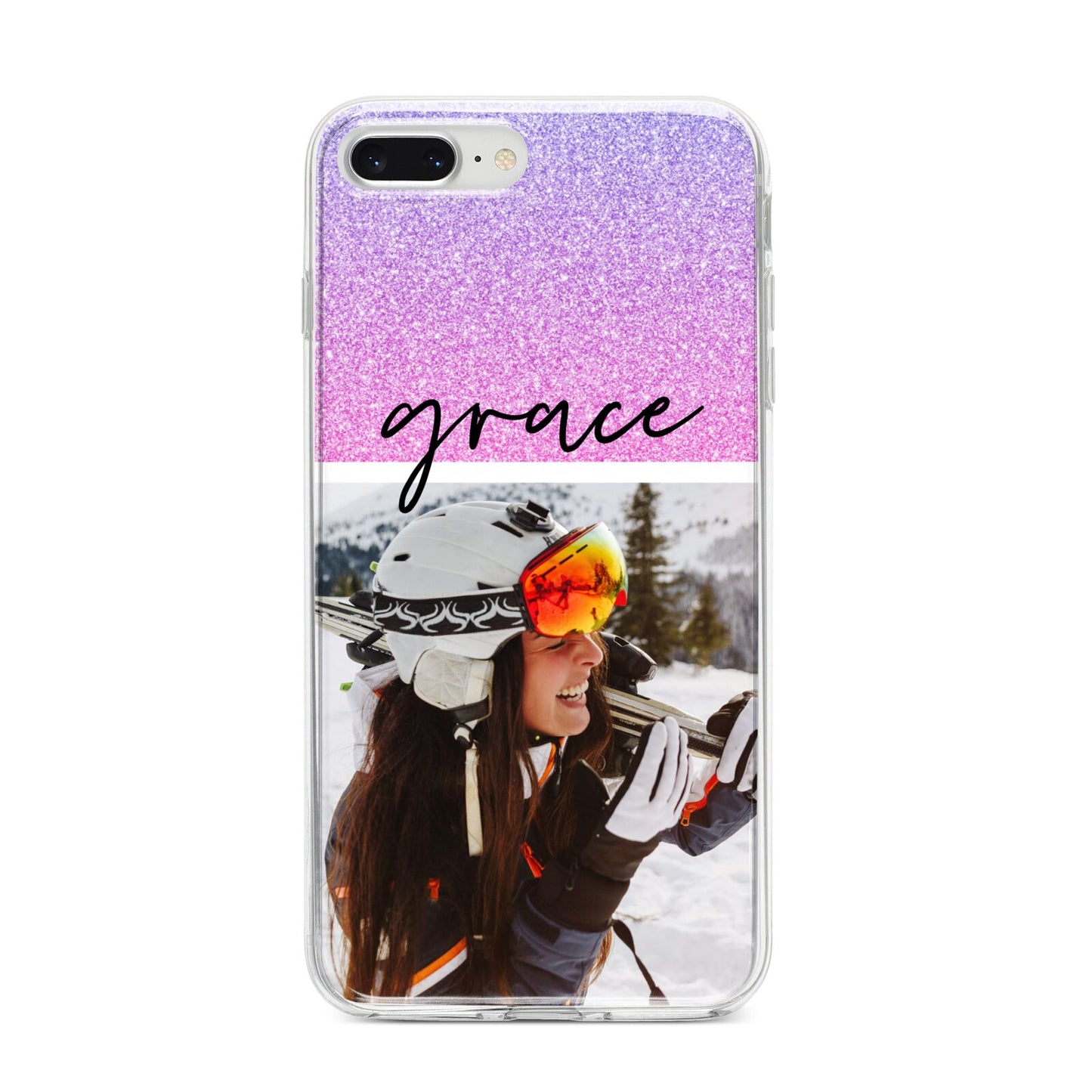 Glitter Personalised Photo Upload Name iPhone 8 Plus Bumper Case on Silver iPhone