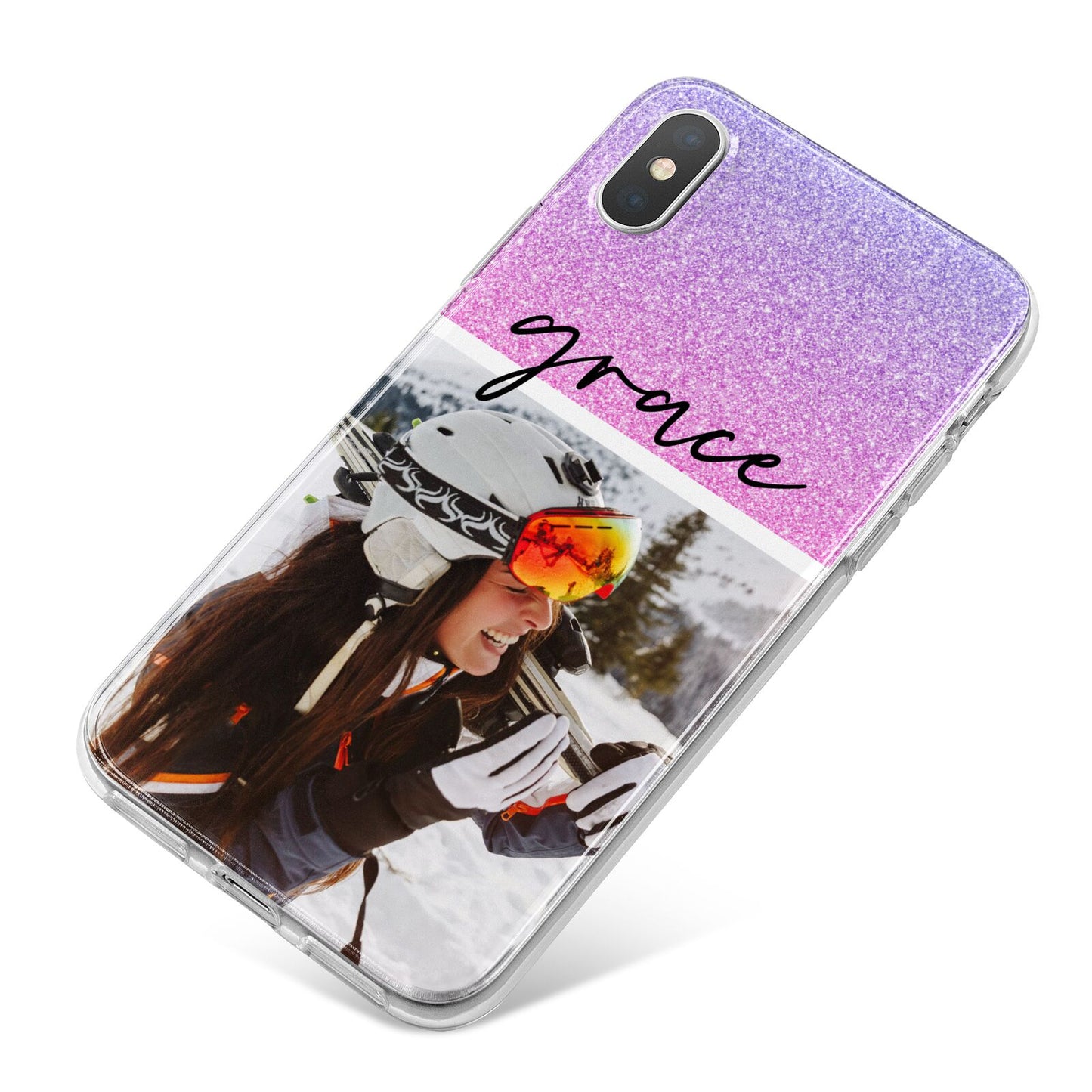 Glitter Personalised Photo Upload Name iPhone X Bumper Case on Silver iPhone