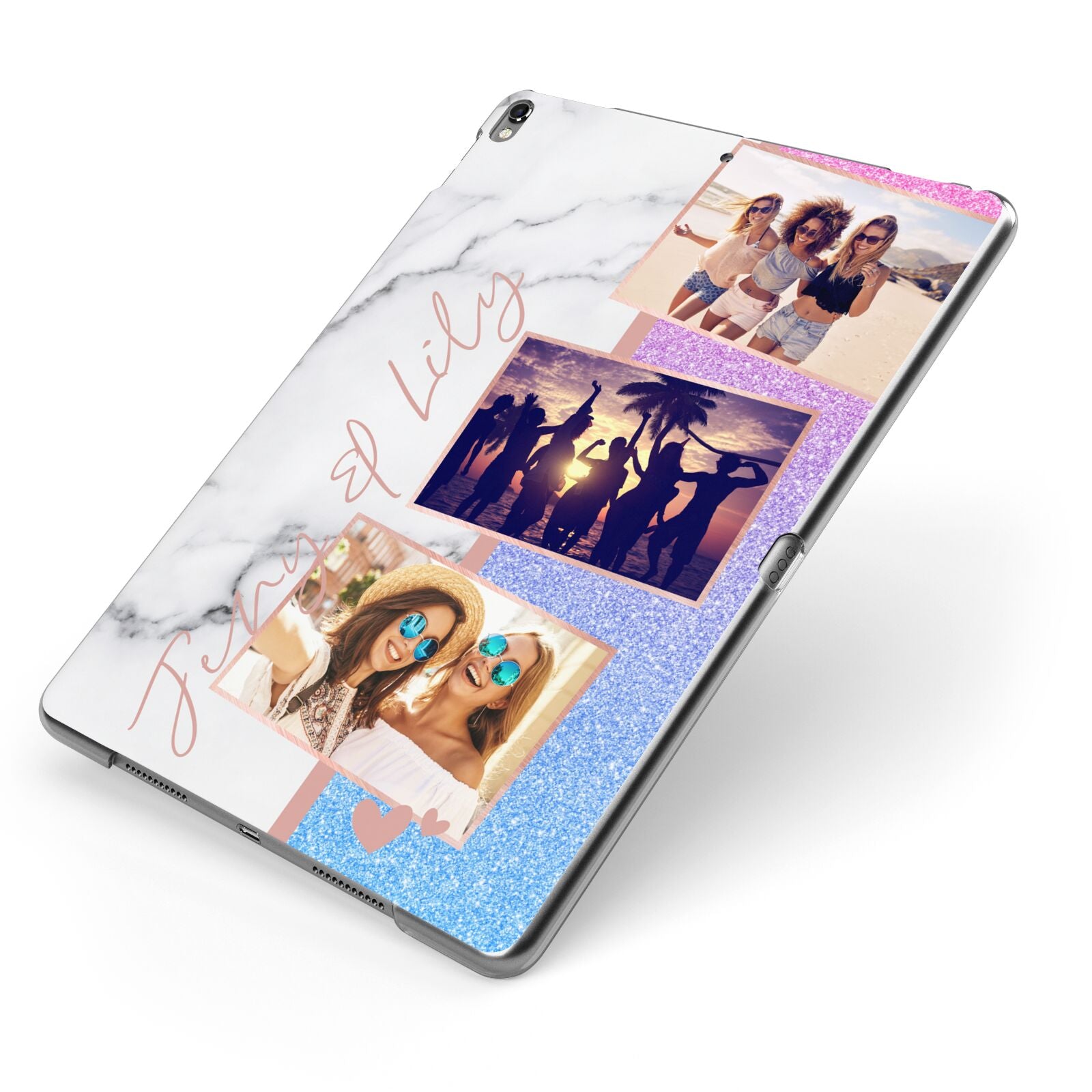 Glitter and Marble Photo Upload with Text Apple iPad Case on Grey iPad Side View